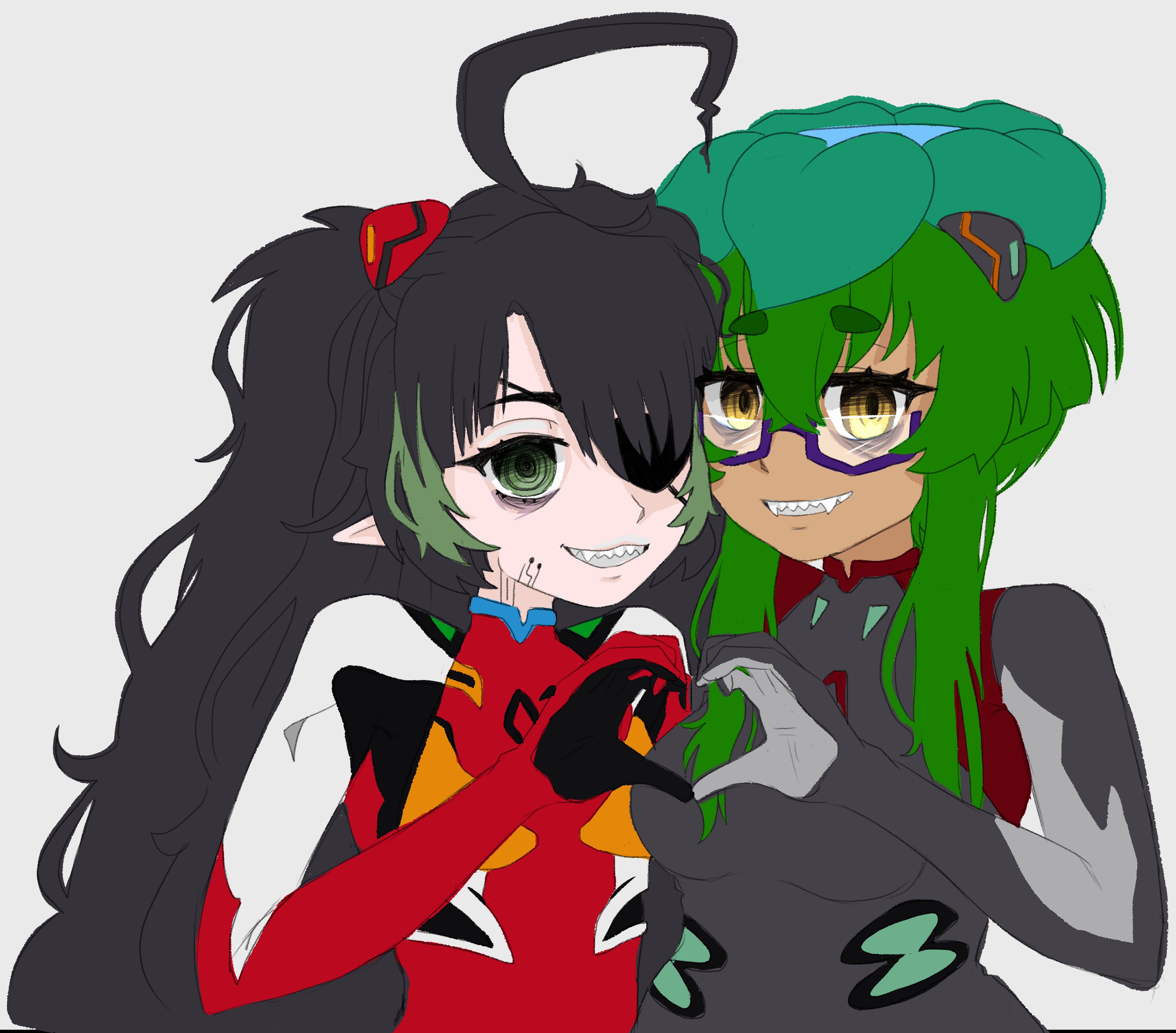 nonoxnobody, elfinpsyop, nono nozomi, indie virtual youtuber, absurdres, highres, 2025, 2girls, black hair, green hair, heart, heart hands, heart hands duo, multiple girls, white background
