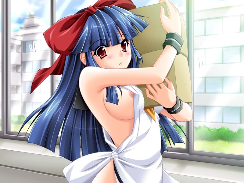kazuma muramasa, zuge haruna, hadaka apron gakuen, game cg, 1girl, apron, armpits, between breasts, blue hair, blunt bangs, blush, bow, box, bracelet, breasts, building, bush, carrying, cloud, day, embarrassed, female focus, grass, hair bow, indoors, jewelry, large breasts, long hair, looking at viewer, naked apron, nipple slip, nipples, profile, public indecency, public nudity, red eyes, school, school uniform, serafuku, sidelocks, sky, solo, standing, sweatdrop, upper body, very long hair, window, wristband