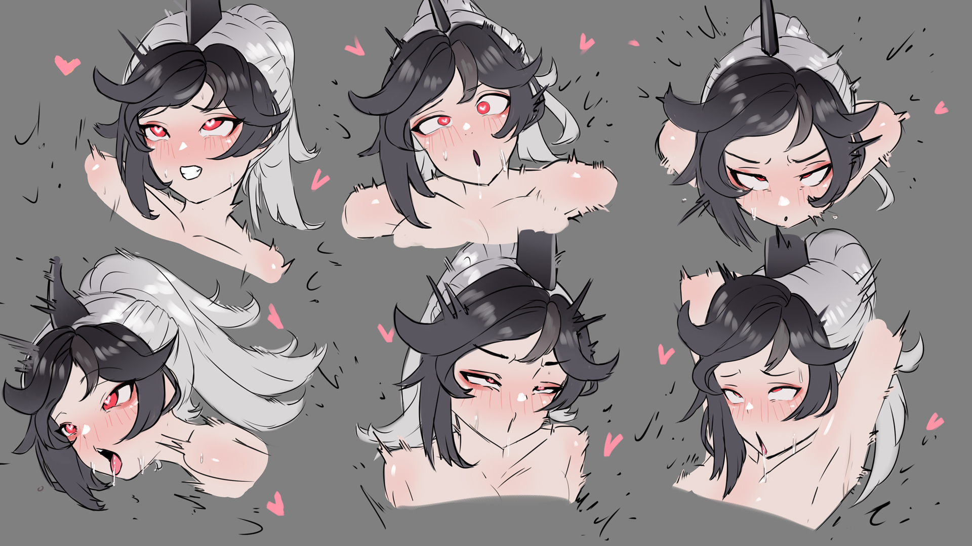 heiz illust, nand nodes, indie virtual youtuber, ahegao, armpits, black hair, dark skin, red eyes, shark fin, shark girl, virtual youtuber, white hair