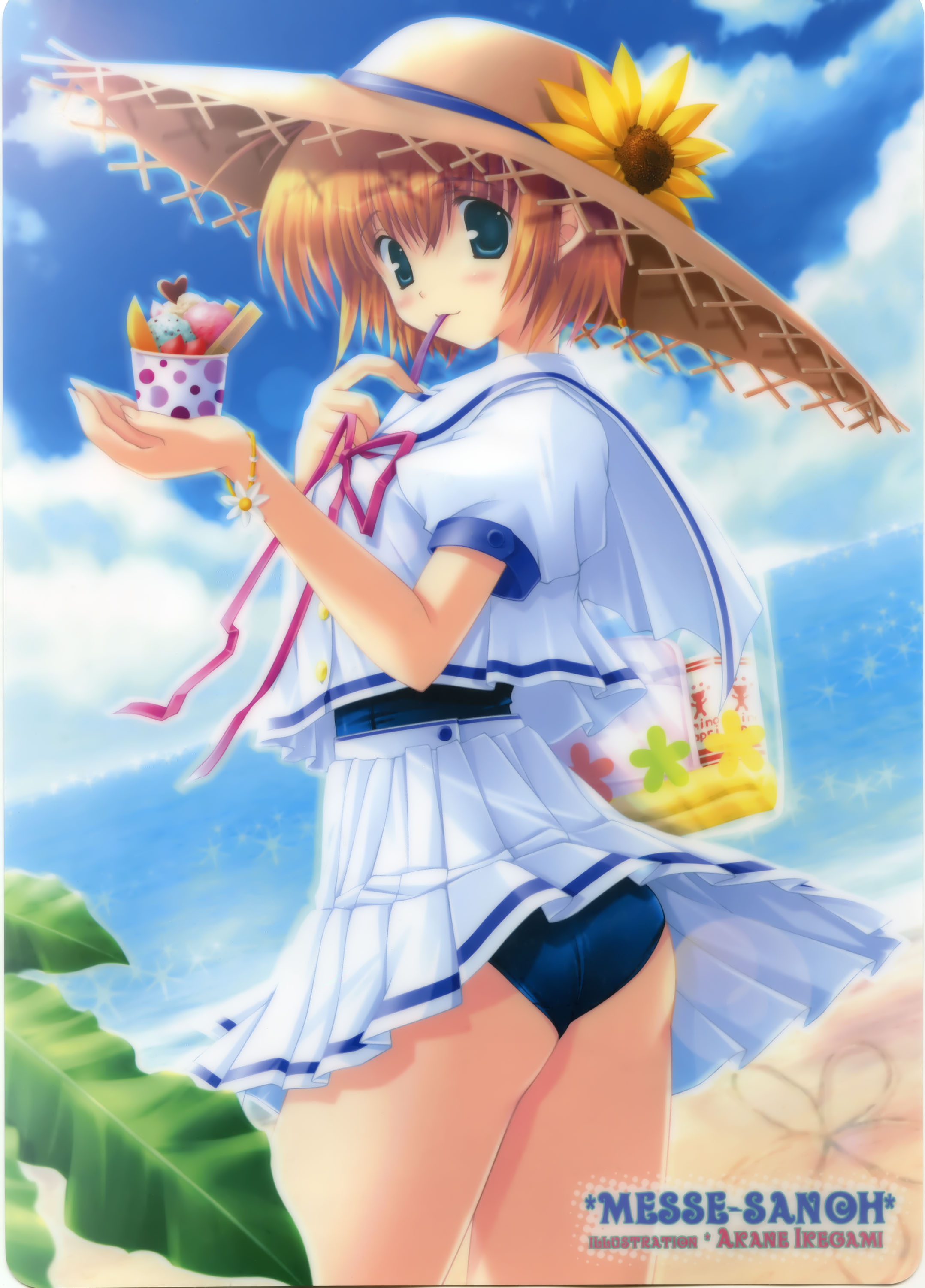 ikegami akane, absurdres, highres, scan, 1girl, aqua eyes, artist name, bag, beach, blonde hair, bracelet, cloud, cowboy shot, day, female focus, flower, flower bracelet, food, from side, hat, hat flower, ice cream, jewelry, mouth hold, ocean, outdoors, pleated skirt, puffy short sleeves, puffy sleeves, school swimsuit, school uniform, serafuku, short hair, short sleeves, skirt, sky, solo, sparkle, straw hat, sun hat, sunflower, swimsuit, swimsuit under clothes, transparent, white skirt, wind, wind lift