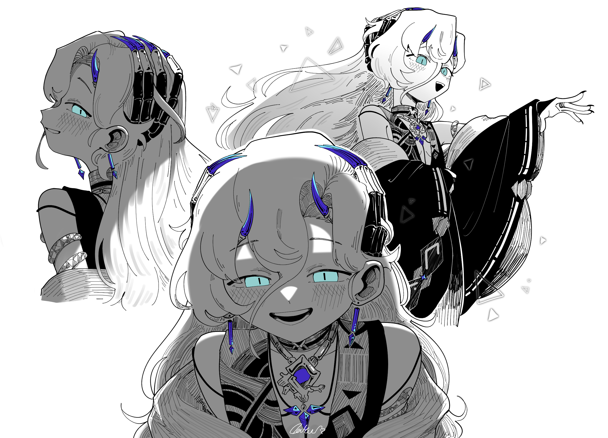 daku k, 37 (reverse:1999), reverse:1999, highres, 1girl, :d, alternate costume, bare shoulders, blue eyes, dark persona, earrings, greyscale, grin, hair between eyes, hair ornament, hand up, jewelry, long hair, looking at viewer, monochrome, multiple views, open mouth, profile, robe, smile, spot color, triangle, upper body, very long hair, white background