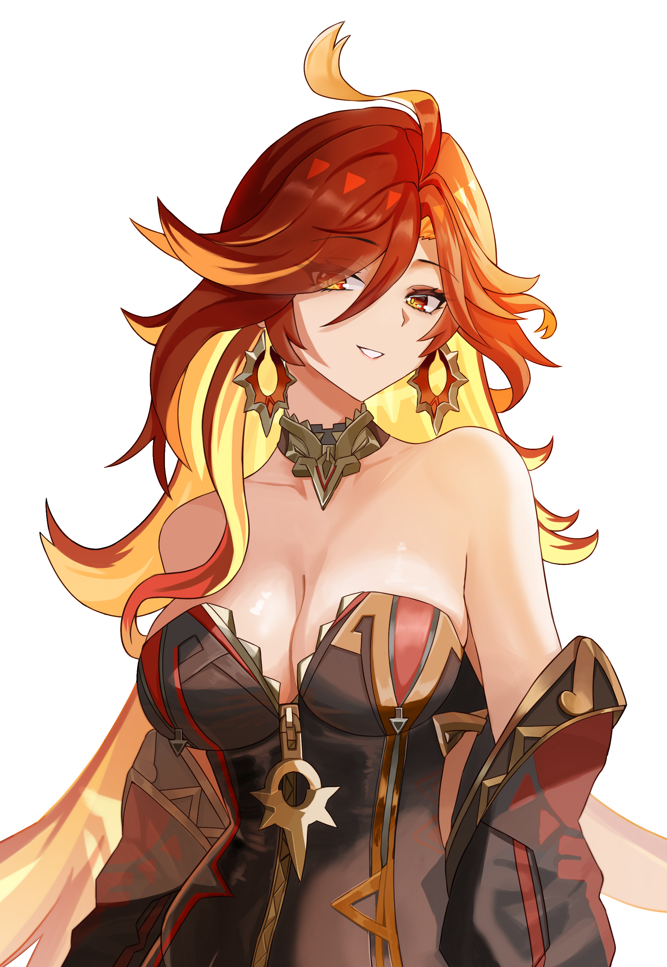 sevenninet47503, mavuika (genshin impact), genshin impact, absurdres, commentary, highres, 1girl, bare shoulders, biker clothes, bikesuit, black bodysuit, blonde hair, bodysuit, breasts, cleavage, collarbone, dated commentary, earrings, grin, jewelry, large breasts, long hair, looking at viewer, multicolored hair, necklace, orange eyes, orange hair, orange pupils, partially undressed, partially unzipped, simple background, smile, solo, strapless bodysuit, streaked hair, sun earrings, symbol in eye, upper body, very long hair, white background, zipper