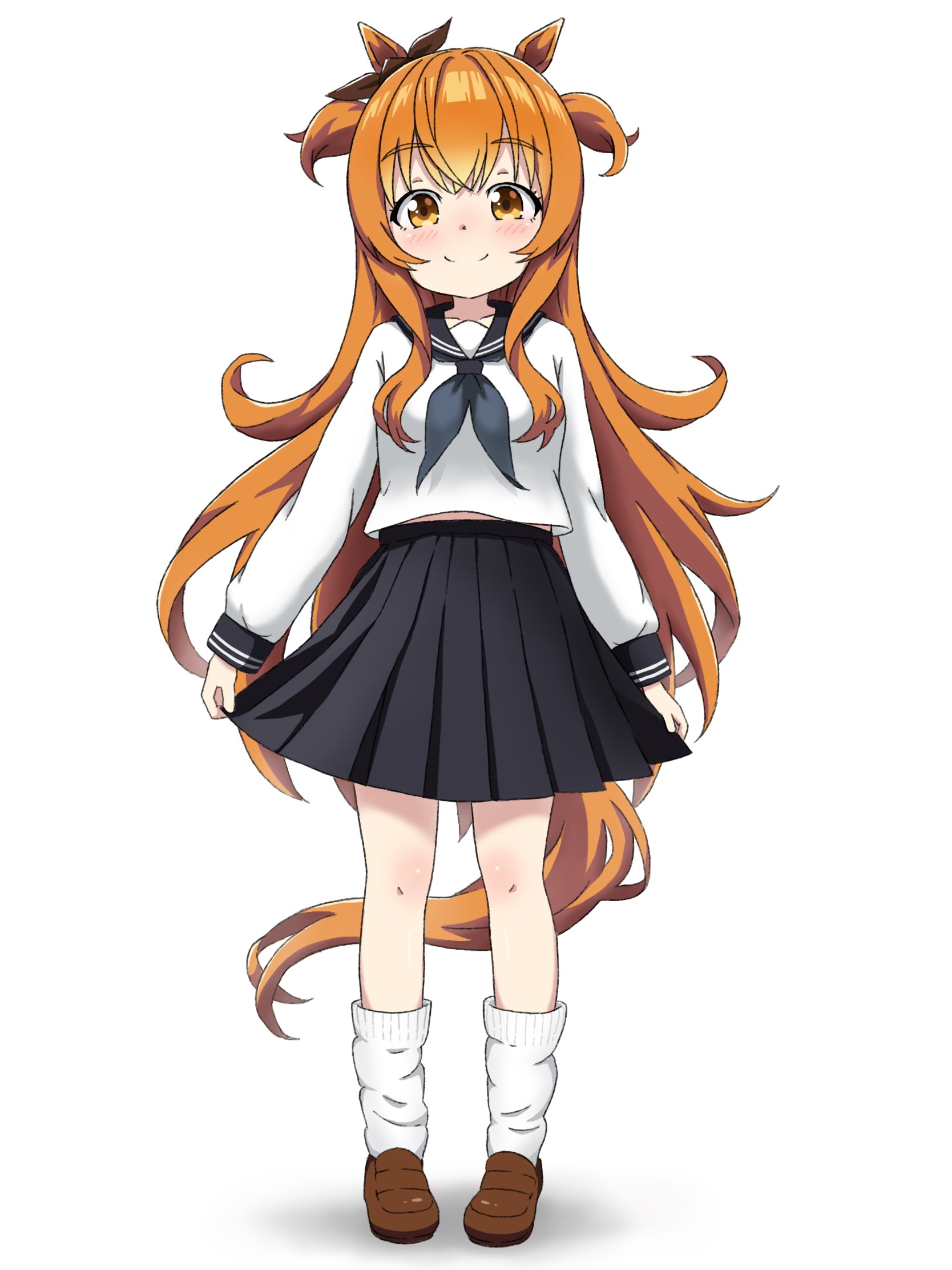 kumaji (kumazidayo), mayano top gun (umamusume), umamusume, commentary, highres, 1girl, aged down, animal ears, black neckerchief, black ribbon, black skirt, blouse, bow, brown shoes, closed mouth, ear ribbon, full body, horse ears, horse girl, horse tail, loafers, long hair, long sleeves, looking at viewer, loose socks, medium skirt, neckerchief, orange eyes, orange hair, pleated skirt, ribbon, school uniform, serafuku, shirt, shoes, simple background, skirt, skirt hold, smile, socks, solo, standing, tail, two side up, wavy hair, white background, white shirt, white socks