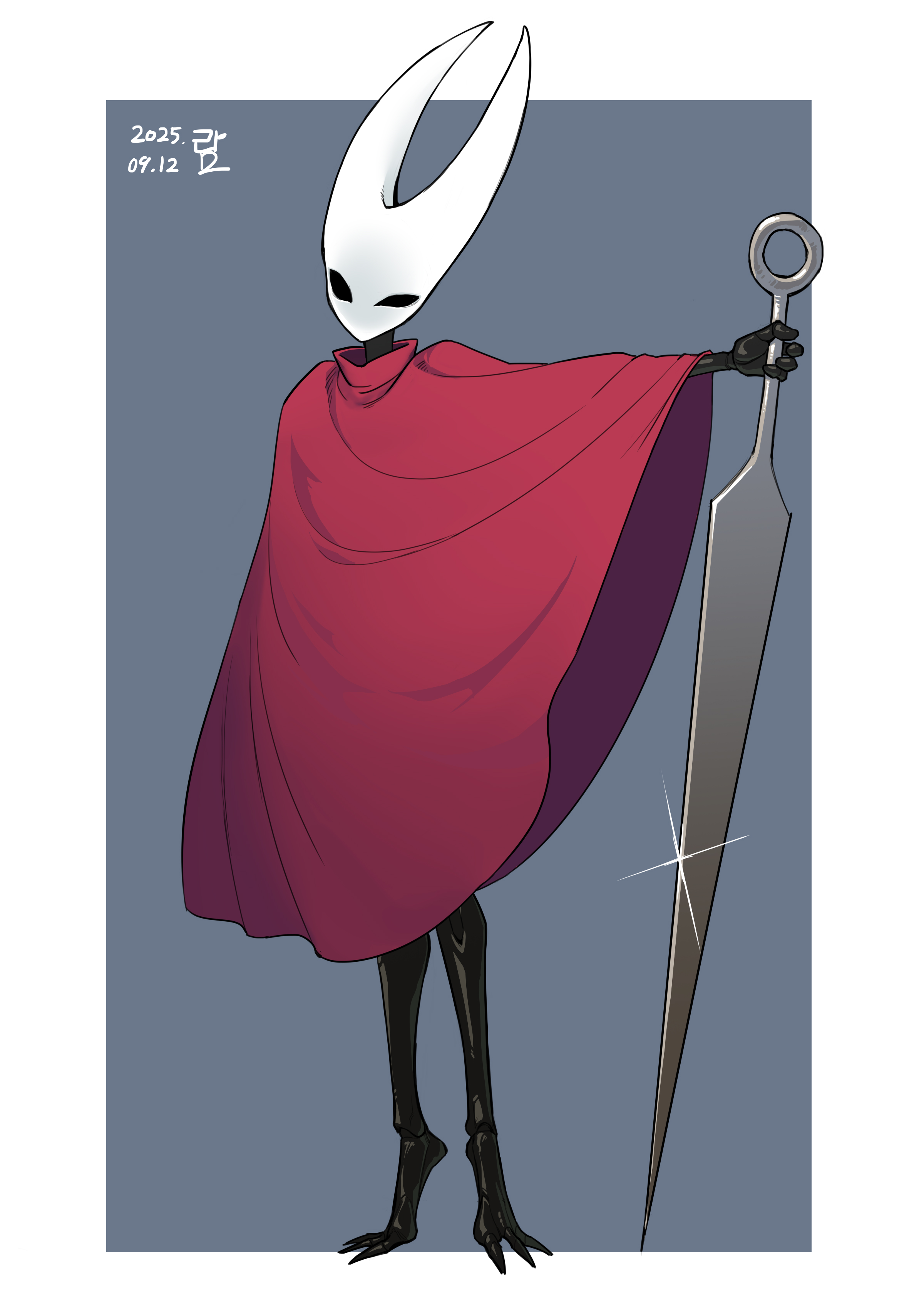 ranger squirrel, hornet (hollow knight), hollow knight, hollow knight: silksong, absurdres, highres, 1girl, arthropod girl, arthropod limbs, black skin, chitin, clawed feet, cloak, colored skin, holding, holding needle, holding weapon, mask, needle, needle (hollow knight), needle sword, red cloak, uneven eyes, weapon