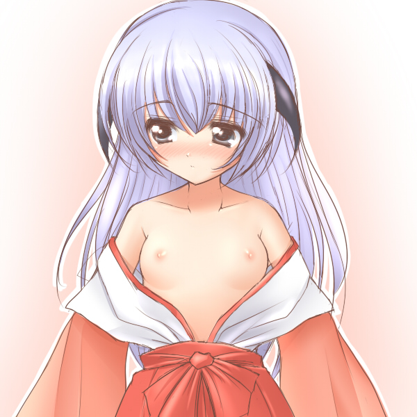 kemu, hanyuu, higurashi no naku koro ni, 00s, 1girl, blush, breasts, female focus, hakama, hakama skirt, horns, japanese clothes, kimono, long hair, miko, nipples, no bra, open clothes, open kimono, purple eyes, purple hair, red hakama, skirt, small breasts, solo
