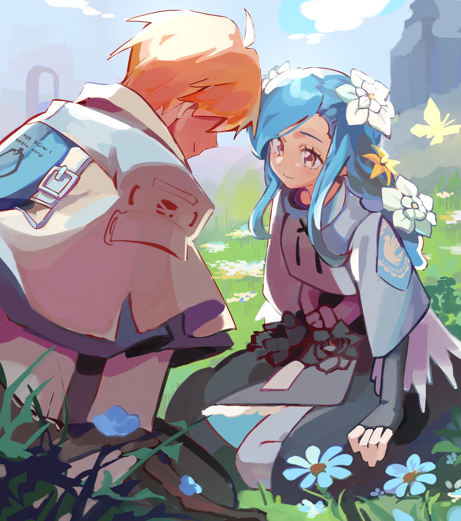 dizzy (guilty gear), ky kiske, guilty gear, guilty gear strive, highres, 1boy, 1girl, blonde hair, blue hair, buckle, bug, butterfly, flower, grass, hair flower, hair ornament, husband and wife, insect, jacket, kneeling, lauflight, long hair, on grass, red eyes, short hair, sitting, smile