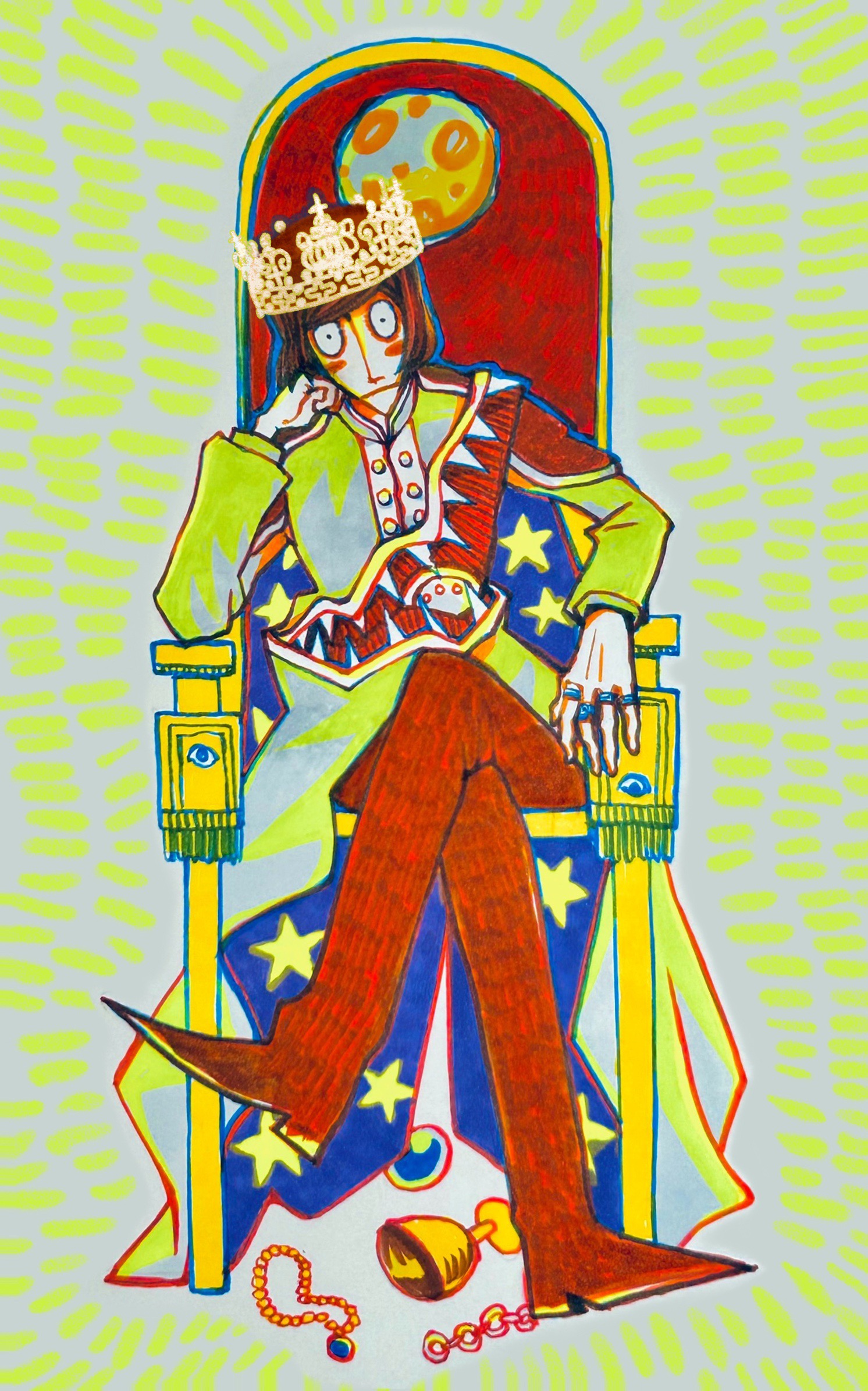 luther von ivory, randal's friends, chinese commentary, commentary request, derivative work, highres, traditional media, 1boy, black eyes, brown hair, coat, crossed legs, crown, green coat, jewelry, looking at viewer, male focus, multiple rings, ring, short hair, sitting, sitting on throne, solo, throne, yaolaiyibeiapachama, yellow background
