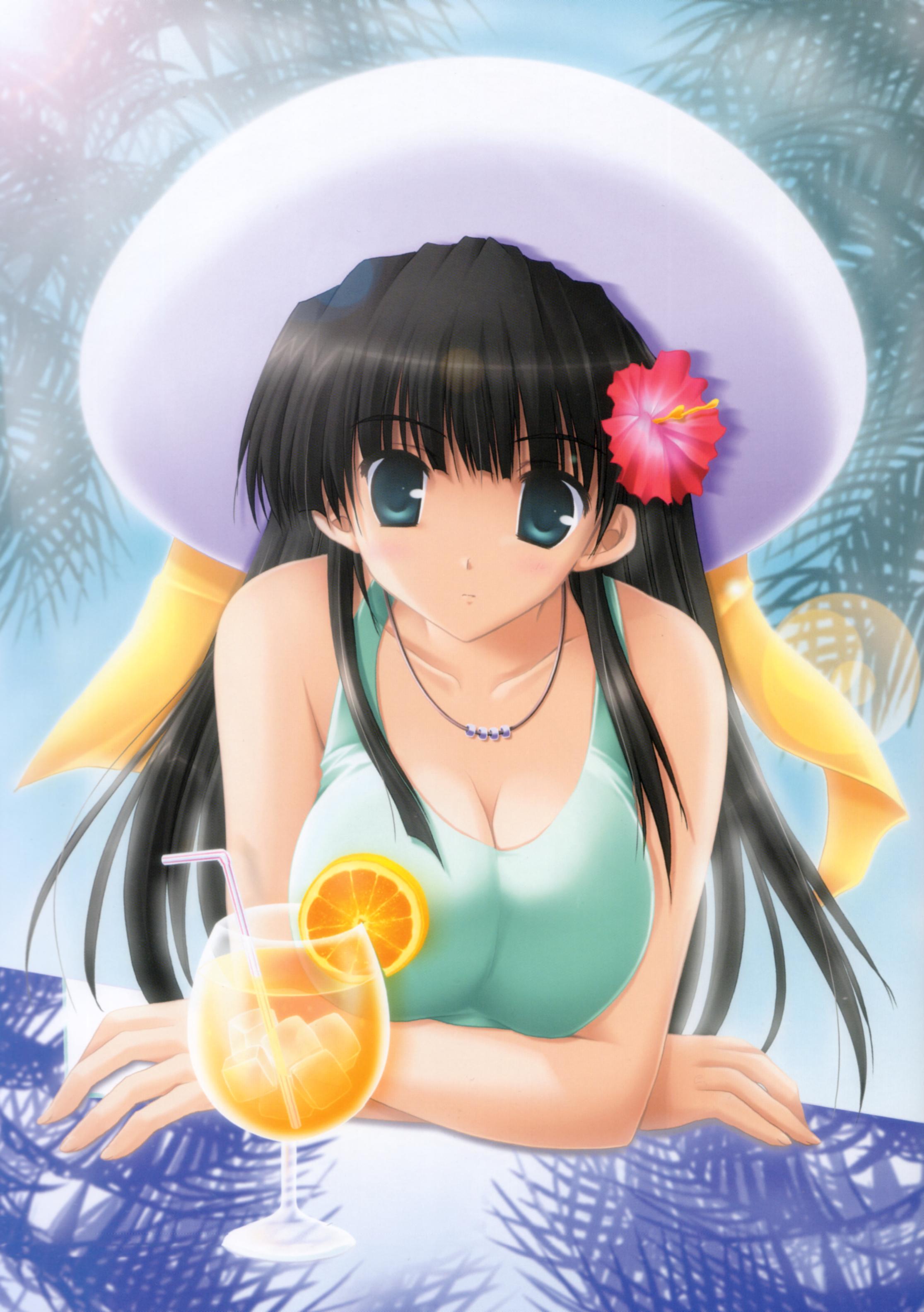 ikegami akane, absurdres, highres, 1girl, black hair, breasts, female focus, flower, green eyes, hat, hibiscus, huge breasts, juice, long hair, solo