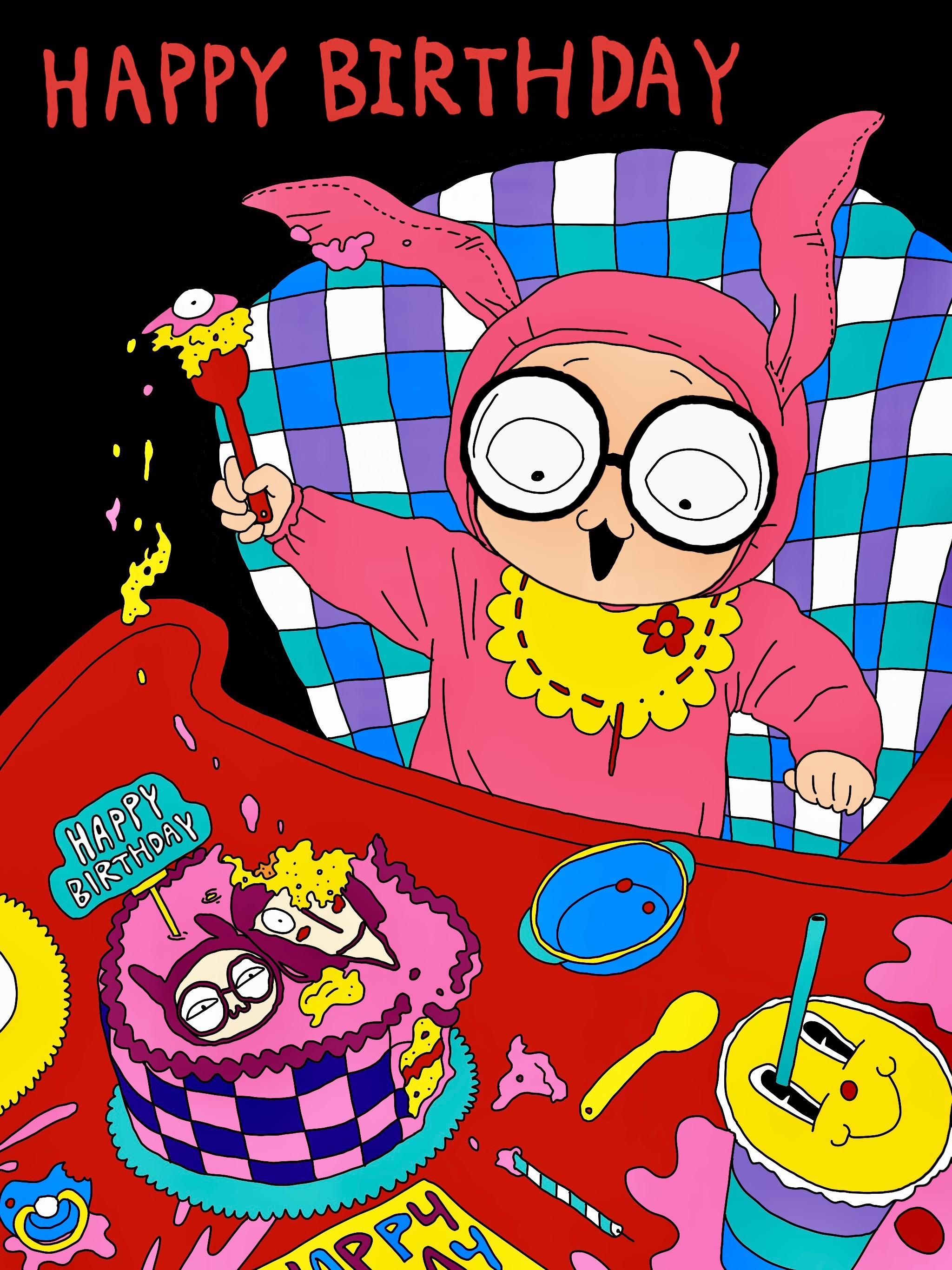 luther von ivory, randal ivory, randal's friends, absurdres, commentary, commentary request, english commentary, highres, 1boy, :3, aged down, baby, bib, black background, cake, colorful, cosplay, donkey costume, english text, food, glasses, happy birthday, high chair, holding, holding spoon, kigurumi, male focus, simple background, sitting, solo, spoon, yaolaiyibeiapachama