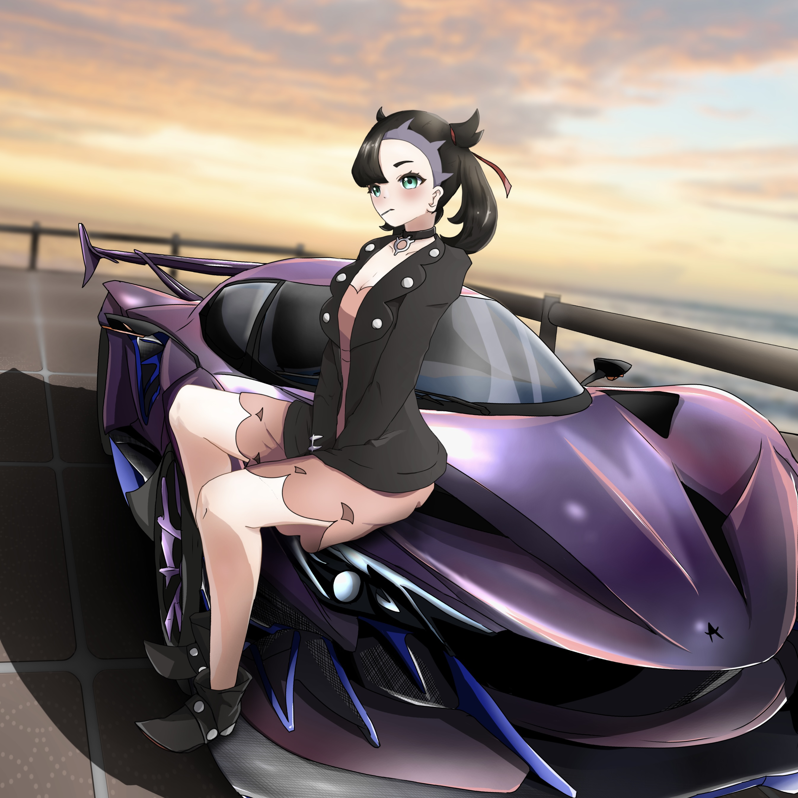 marnie (pokemon), nintendo, pokemon, pokemon swsh, absurdres, highres, 1girl, alonadayo, asymmetrical bangs, between legs, black boots, black choker, black hair, black jacket, blush, boots, breasts, car, choker, cleavage, cloud, day, dress, green eyes, hair ribbon, hand between legs, jacket, lollipop in mouth, looking ahead, motor vehicle, ocean, on car, outdoors, pink dress, railing, red ribbon, ribbon, sitting, sky, small breasts, solo, sports car, twintails, undercut