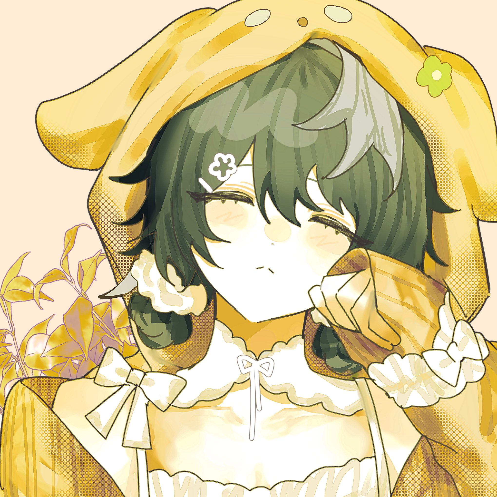 la pluma (arknights), arknights, highres, 1girl, :<, alternate costume, animal hood, black hair, closed eyes, cosplay, dog hood, dress, flower hairpin, hood, kigurumi, portrait, short hair, solo, umogame, white dress