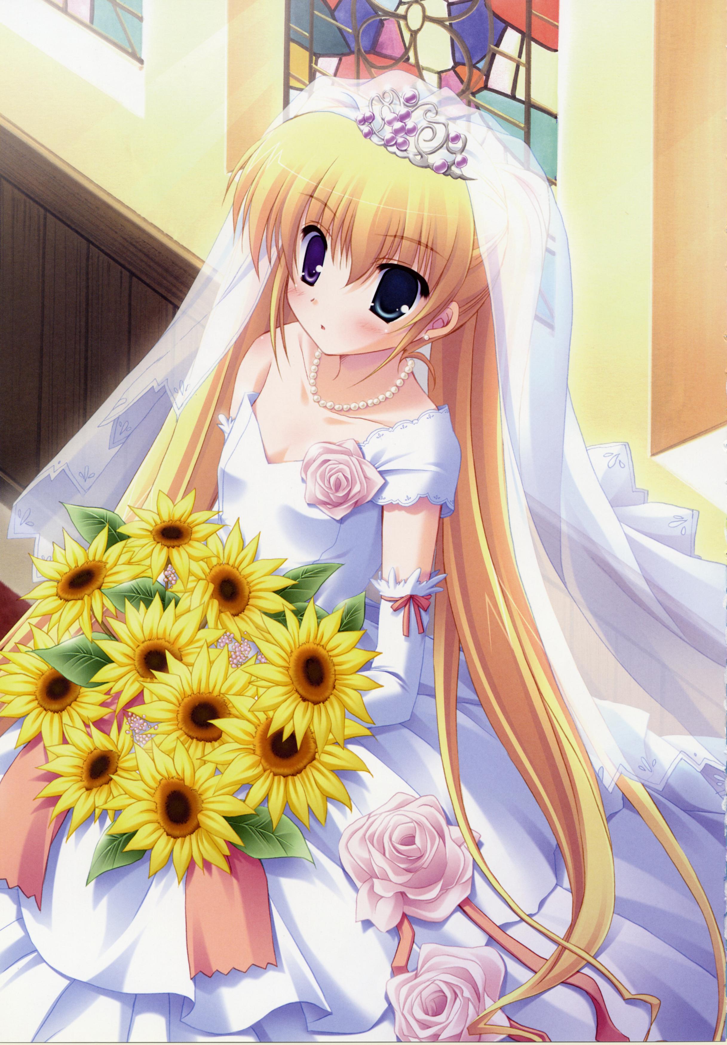 ikegami akane, hoshikawa ruka, hoshiful, absurdres, highres, 1girl, blonde hair, bridal veil, bride, crown, dress, female focus, flower, heterochromia, jewelry, long hair, necklace, solo, twintails, veil, very long hair, wedding dress