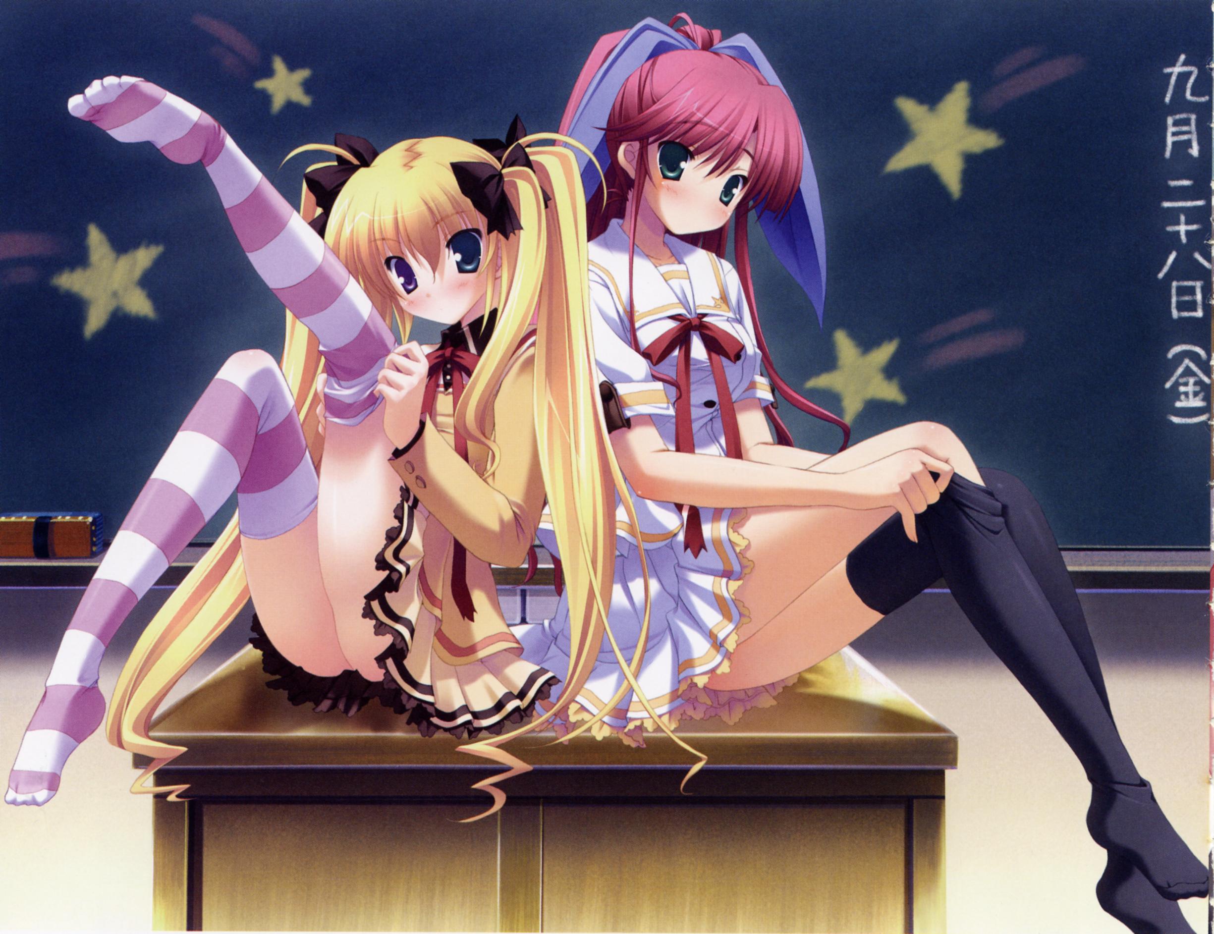 ikegami akane, futaba hinata, hoshikawa ruka, hoshiful, striped legwear, highres, 2girls, blonde hair, feet, green eyes, heterochromia, long hair, multiple girls, no shoes, school uniform, serafuku, sitting, striped clothes, striped thighhighs, thighhighs, twintails