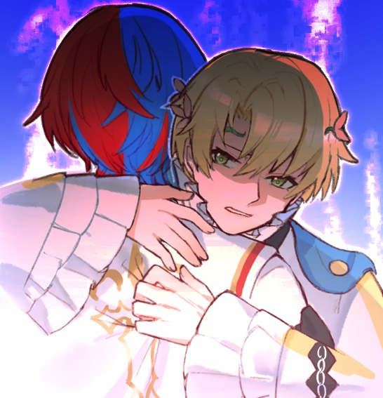 alfred (fire emblem), male alear (fire emblem), fire emblem, fire emblem engage, nintendo, 2boys, blonde hair, blue hair, green eyes, hug, multicolored hair, multiple boys, prince, red hair, split-color hair, two-tone hair, upper body, xinlinxin1