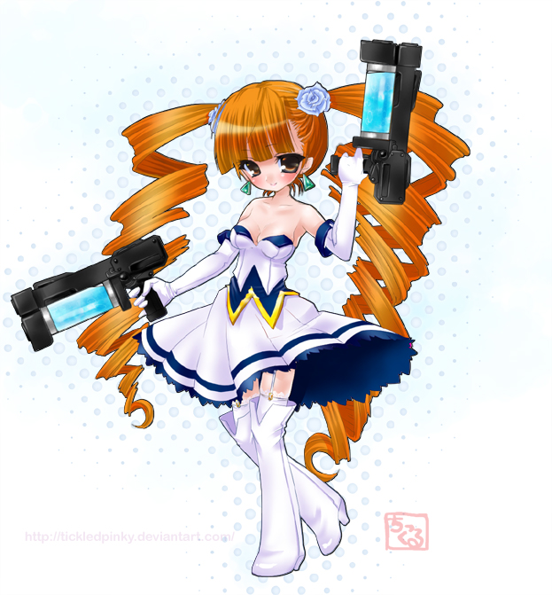 chikkuru, petra johanna lagerkvist, aq interactive, arcana heart, arcana heart 2, atlus, examu, 1girl, boots, brown eyes, curly hair, drill hair, dual wielding, female focus, flower, full body, gun, holding, long hair, orange hair, rose, skirt, solo, standing, thigh boots, thighhighs, twin drills, twintails, weapon, white background, white flower, white rose, white skirt, white thighhighs