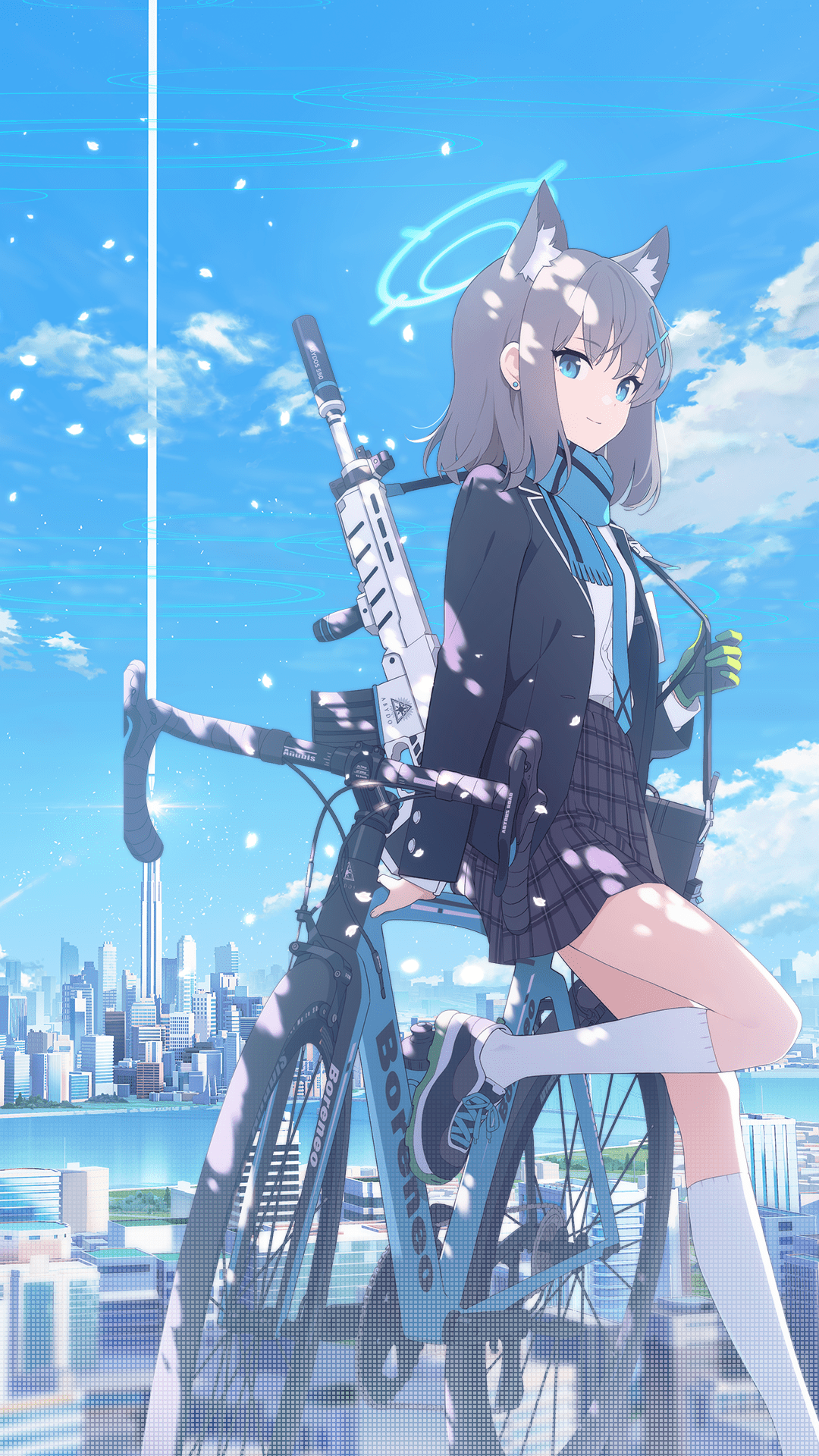 shiroko (blue archive), blue archive, sig sauer, highres, official art, animal ear fluff, animal ears, assault rifle, blazer, blue eyes, blue scarf, blue sky, city, cloud, cross hair ornament, day, earrings, extra ears, gloves, grey hair, gun, hair ornament, halo, jacket, jewelry, kneehighs, long sleeves, looking at viewer, medium hair, miniskirt, mismatched pupils, outdoors, plaid clothes, plaid skirt, rifle, scarf, school uniform, shirt, shoes, sig sauer 556, single glove, skirt, sky, smile, sneakers, socks, weapon, white shirt, white socks, wolf ears