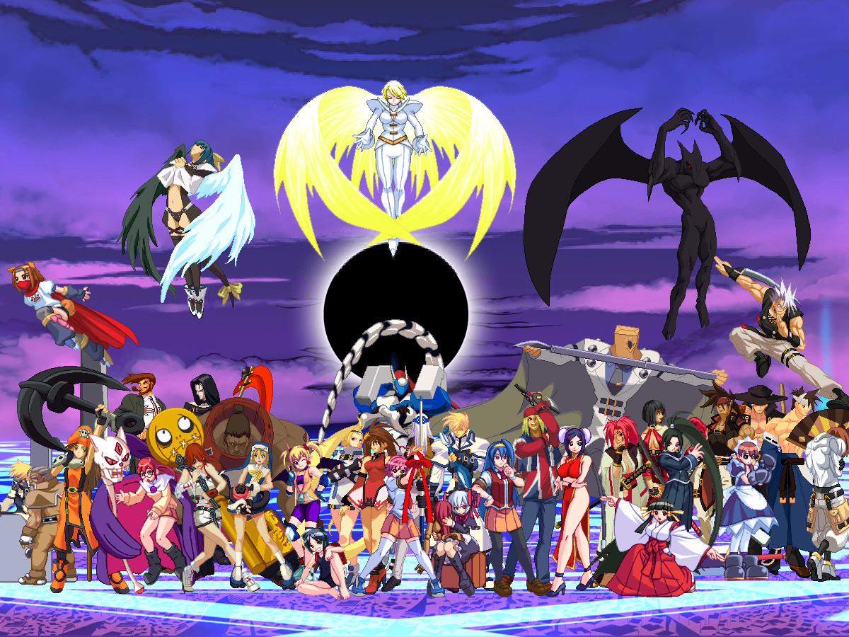a.b.a, aino heart, axl low, baiken, bridget (guilty gear), chipp zanuff, daidouji kira, dizzy (guilty gear), eddie (guilty gear), elfriede (arcana heart), faust (guilty gear), fiona mayfield, johnny (guilty gear), kasuga maori, konoha (arcana heart), kuradoberi jam, ky kiske, lieselotte achenbach, may (guilty gear), mei-fang, mike (arcana heart), mildred avallone, millia rage, mito anji, potemkin (guilty gear), robo-ky, slayer (guilty gear), sol badguy, testament (guilty gear), tokinomiya kamui, tsuzura saki, venom (guilty gear), yasuzumi yoriko, zappa, aq interactive, arc system works, arcana heart, atlus, examu, guilty gear, guilty gear x, guilty gear xx, 6+boys, 6+girls, breasts, chibi, cloud, crossover, everyone, game, multiple boys, multiple girls, outdoors, pixel art, sky, standing, trap