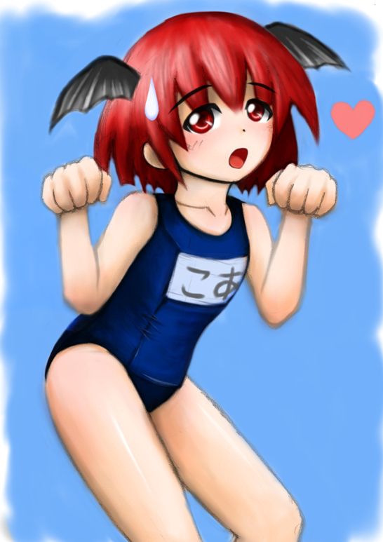 ao bouzu, koakuma, embodiment of scarlet devil, touhou, bad id, bad pixiv id, 1girl, female focus, head wings, heart, name tag, one-piece swimsuit, red eyes, red hair, school swimsuit, solo, swimsuit, wings