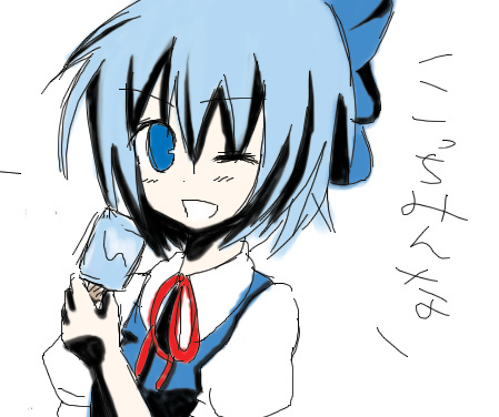 auauaua, knm (auauaua), cirno, embodiment of scarlet devil, touhou, bad id, bad pixiv id, lowres, 1girl, blue eyes, blue hair, bow, female focus, hair between eyes, matching hair/eyes, one eye closed, solo, wink