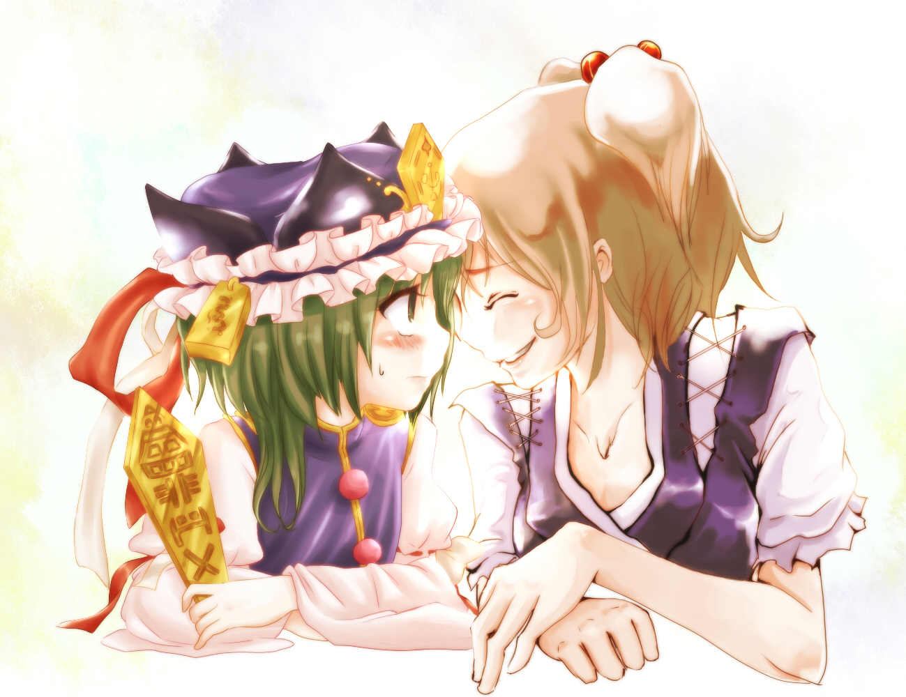 niji (nijioki), yae (mono110), onozuka komachi, shiki eiki, touhou, bad id, bad pixiv id, 2girls, blush, female focus, multiple girls, rod of remorse