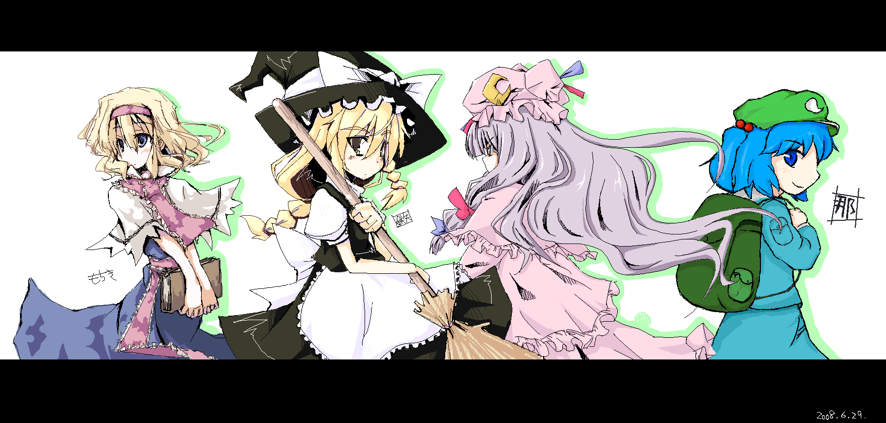 mochiki, yano, alice margatroid, kawashiro nitori, kirisame marisa, patchouli knowledge, subterranean animism, touhou, artist collaboration, bad id, bad pixiv id, highres, 4girls, blonde hair, blue hair, broom, dated, female focus, hat, letterboxed, multiple girls, oekaki, purple hair, signature, two side up, witch, witch hat