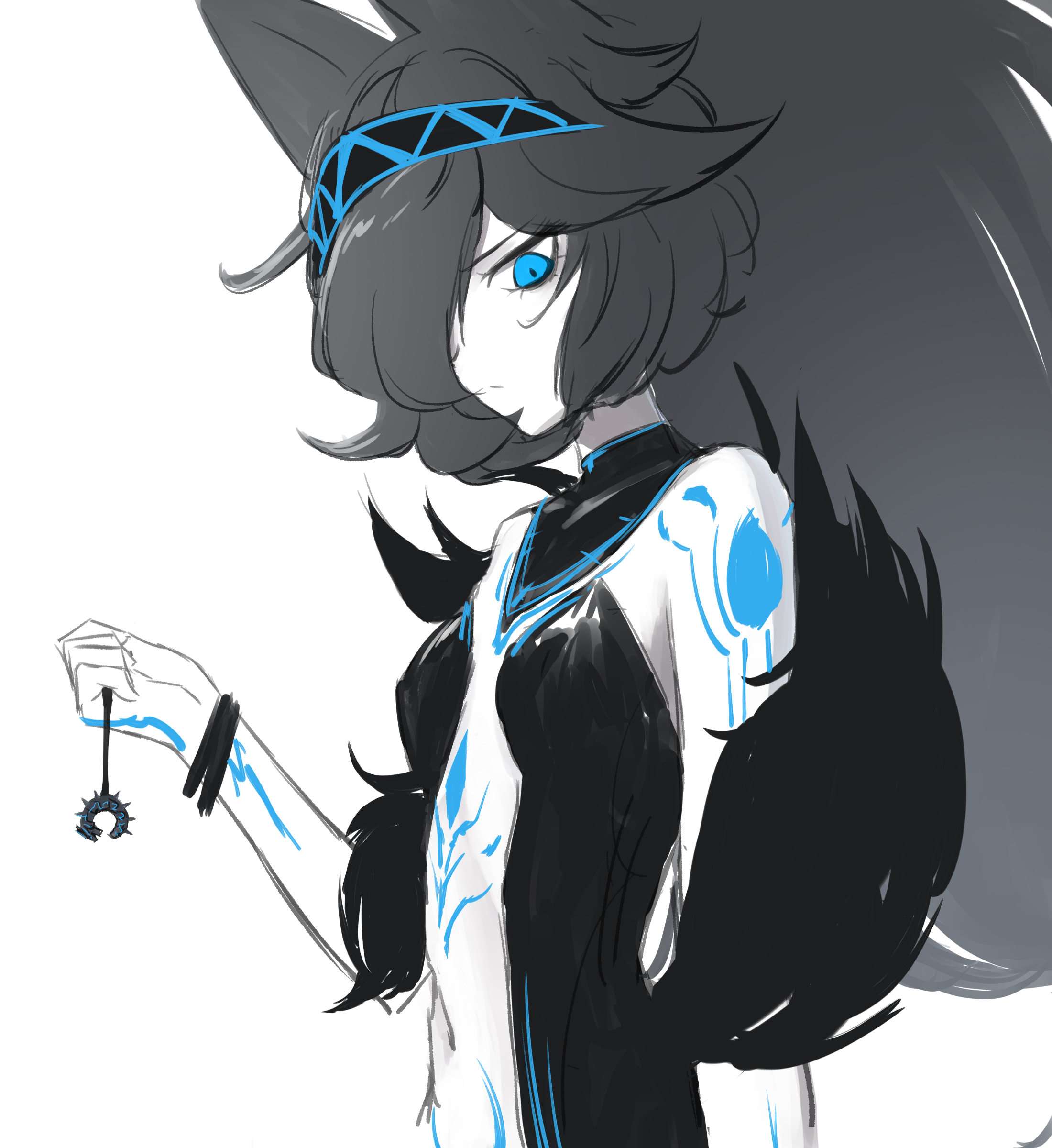 rgaer65, dark kasli (nyanko daisensou), kasli (nyanko daisensou), nyanko daisensou, absurdres, highres, 1girl, animal ear fluff, animal ears, black hair, blue eyes, body markings, breasts, cat ears, cat girl, hair over one eye, long hair, looking at viewer, markings, medium breasts, pale skin, ponytail, simple background, solo, tattoo, very long hair