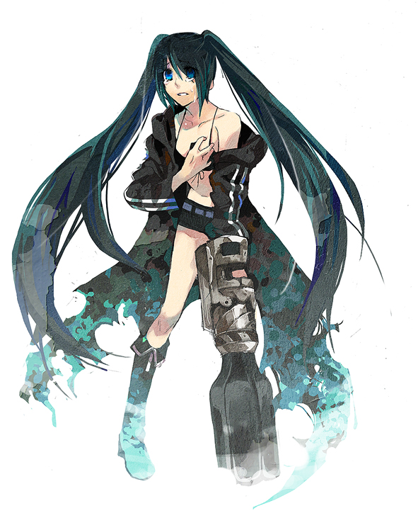 iaki mochiko, black rock shooter (character), hatsune miku, black rock shooter, vocaloid, bad id, bad pixiv id, 10s, 1girl, arm cannon, black hair, blue eyes, female focus, full body, midriff, navel, simple background, solo, tears, twintails, weapon