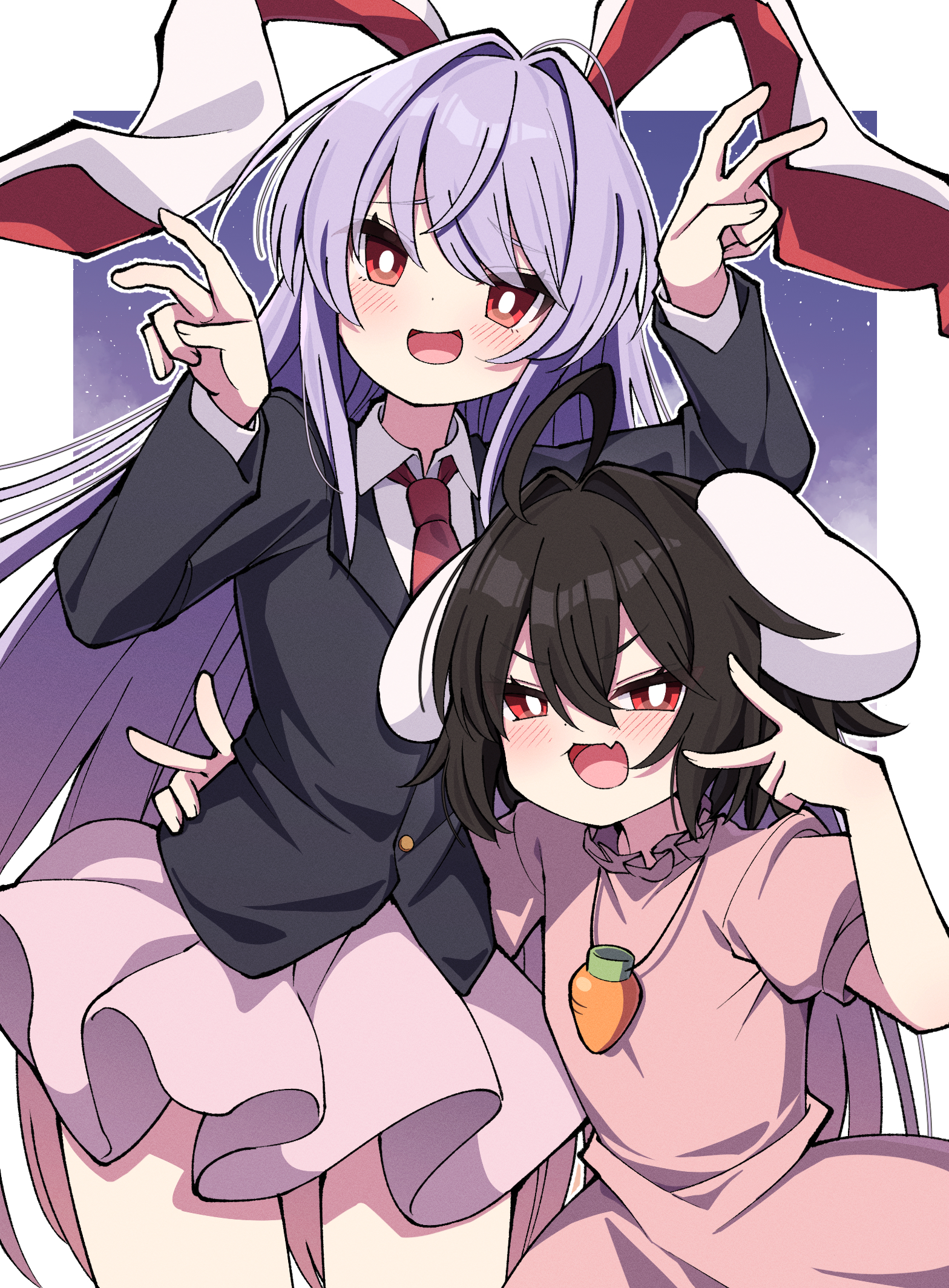 tsukimirin, inaba tewi, reisen udongein inaba, touhou, commentary request, highres, 2girls, :d, ahoge, animal ears, arm around waist, arms up, bent v, black hair, black jacket, blazer, blush, border, bright pupils, carrot necklace, cowboy shot, double-parted bangs, double v, dress, fang, hair between eyes, hair intakes, hand up, height difference, inward v, jacket, jewelry, long hair, long sleeves, looking at viewer, multiple girls, necklace, necktie, open mouth, pink dress, puffy short sleeves, puffy sleeves, purple hair, purple skirt, rabbit ears, rabbit girl, red eyes, red necktie, shirt, short hair, short sleeves, skin fang, skirt, smile, standing, star (sky), starry sky background, v, very long hair, white border, white pupils, white shirt, wing collar