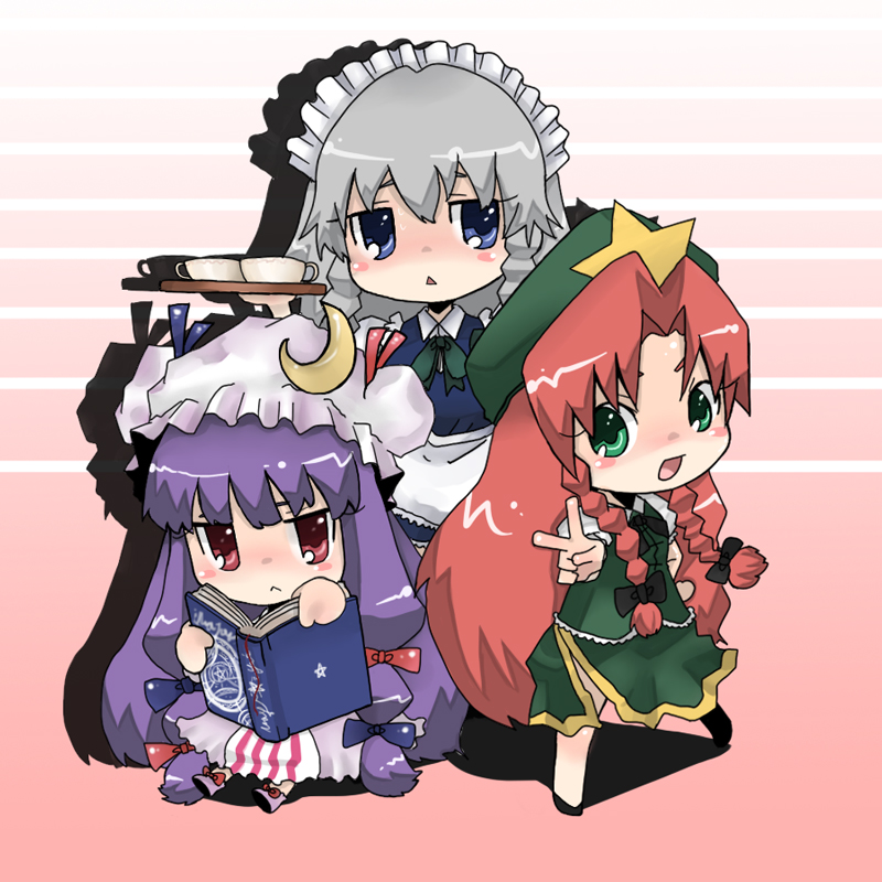 kamiya zuzu, hong meiling, izayoi sakuya, patchouli knowledge, embodiment of scarlet devil, touhou, silver hair, bad id, bad pixiv id, 3girls, :<, book, chibi, china dress, chinese clothes, dress, female focus, hat, long hair, maid, multiple girls, purple hair, red hair, ribbon, short hair, triangle mouth, v