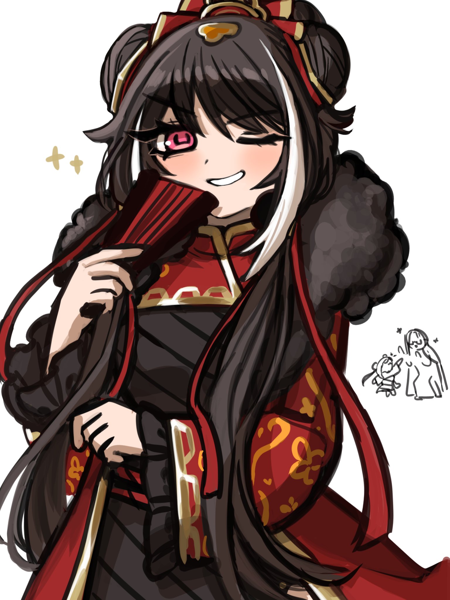 nra 3614, jia xichun (project moon), limbus company, project moon, highres, 1girl, black dress, black hair, chinese clothes, coat, double bun, dress, fur-trimmed coat, fur trim, hair bun, hand fan, long hair, long sleeves, looking at viewer, multicolored hair, one eye closed, pink eyes, red coat, red shrug, rope belt, shrug (clothing), simple background, solo, streaked hair, twintails, upper body, white background, white streaks