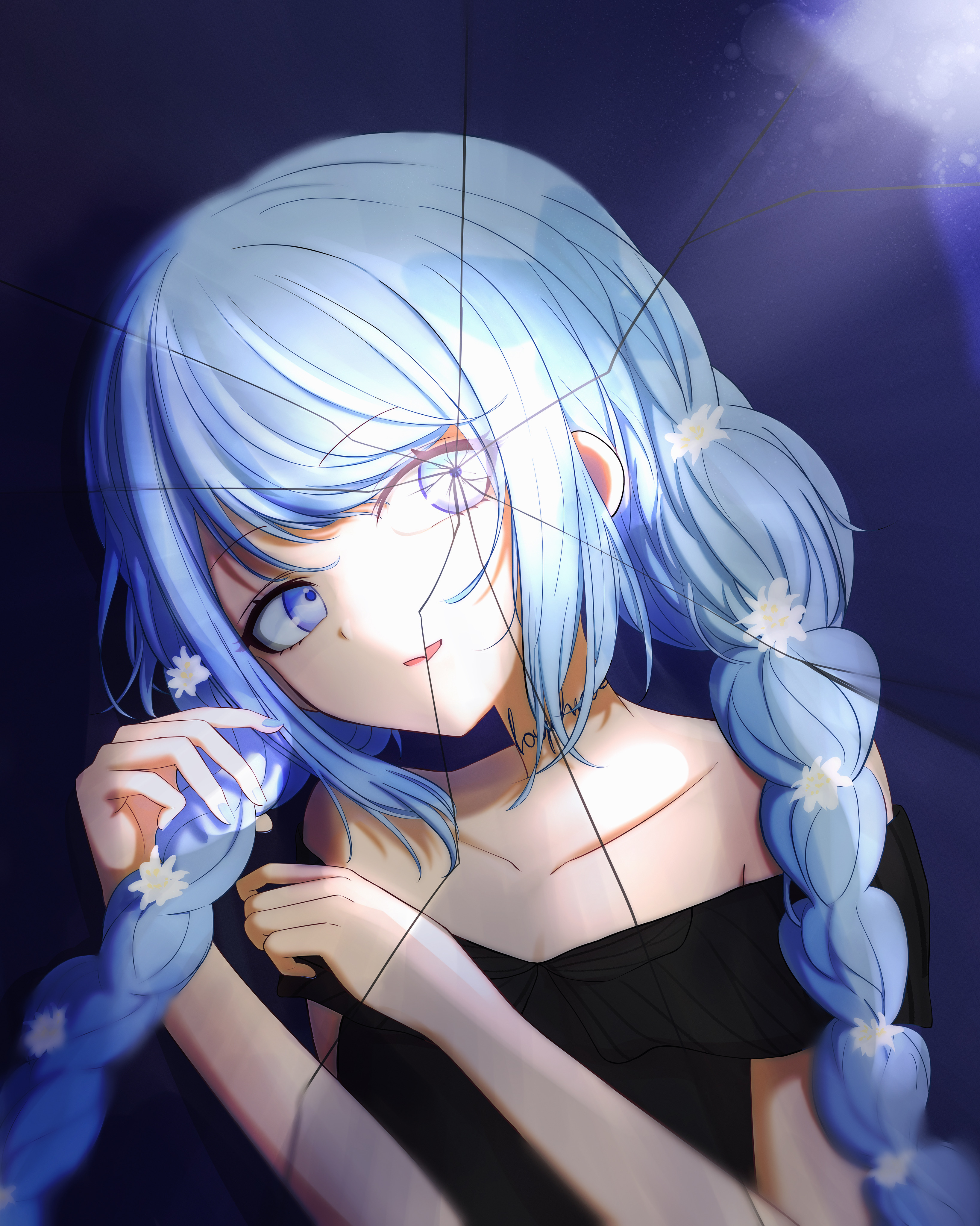atle (atle000), hatsune miku, undead alice (vocaloid), vocaloid, absurdres, highres, 1girl, aqua eyes, aqua hair, bare shoulders, blue eyes, blue hair, braid, brown eyes, brown hair, colombian clothes, hair between eyes, long hair, looking at viewer, low twintails, open mouth, simple background, smile, solo, twin braids, twintails, very long hair