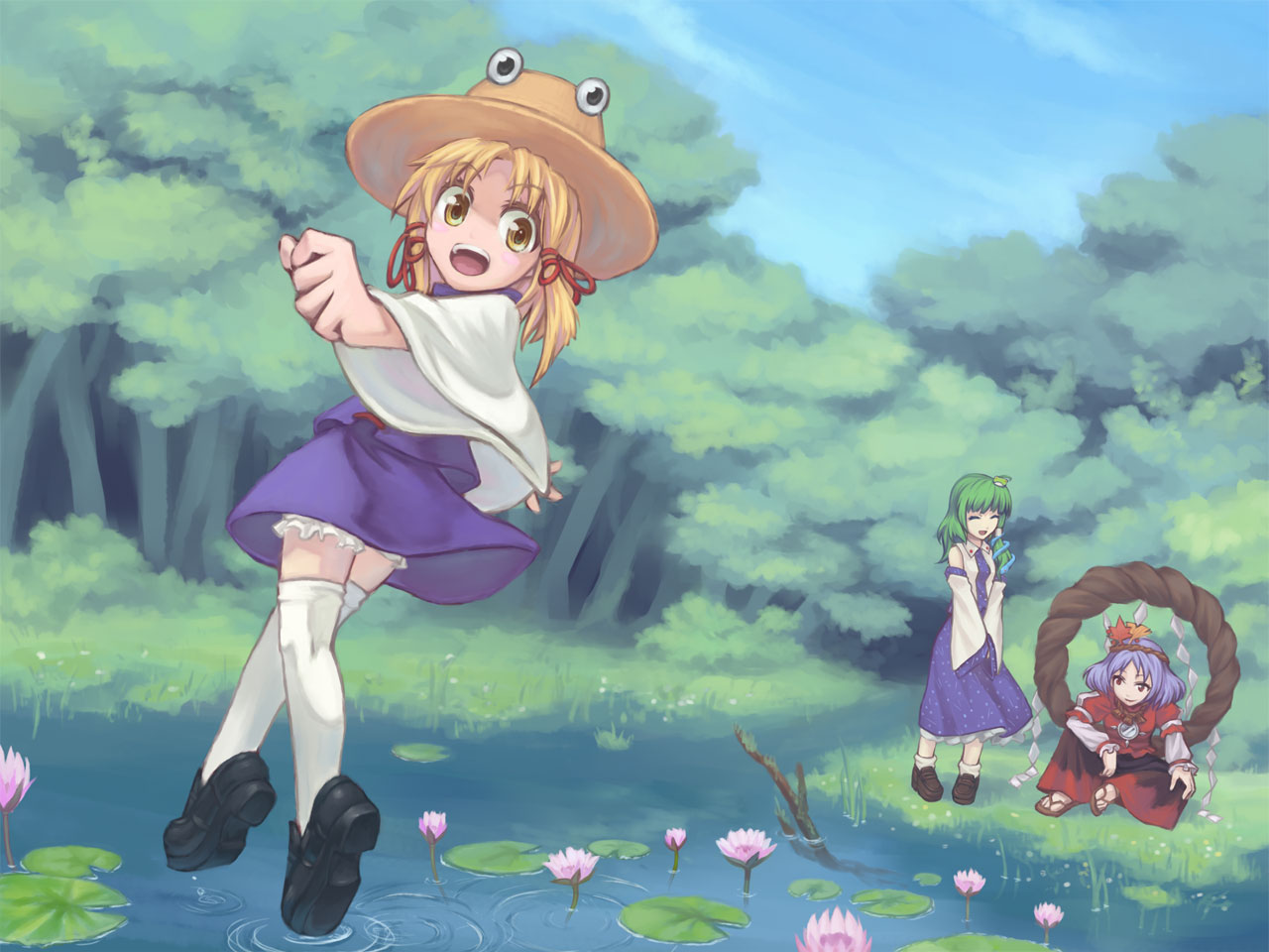 tda, kochiya sanae, moriya suwako, yasaka kanako, touhou, white legwear, 3girls, blonde hair, female focus, flower, forest, green hair, hat, japanese clothes, lily pad, long hair, lotus, miko, multiple girls, nature, open mouth, purple hair, ripples, rope, short hair, thighhighs, tiptoes, tree, walking, walking on liquid, water