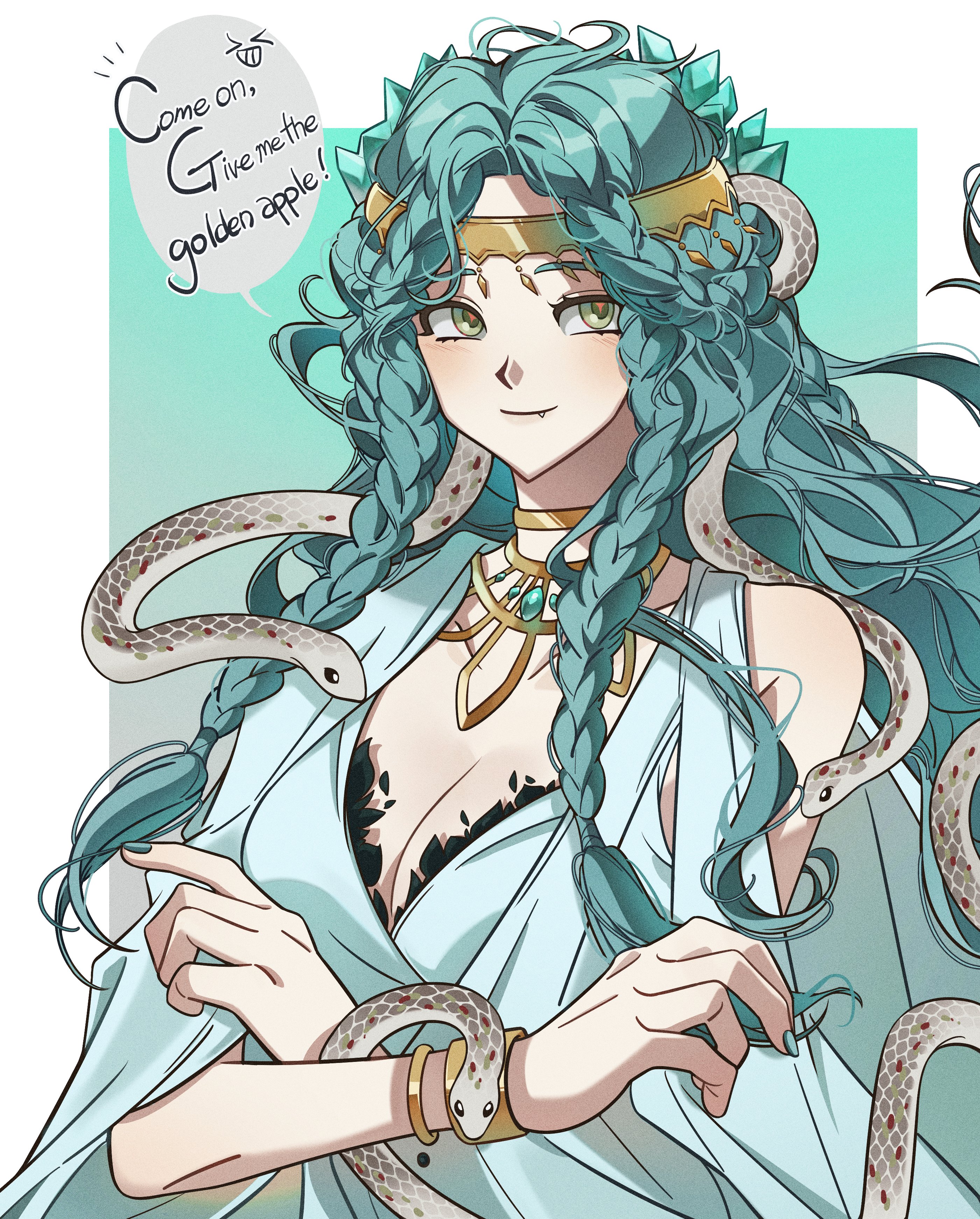 unhyang, hissabeth, reverse:1999, absurdres, highres, 1girl, aqua background, bare shoulders, blue hair, border, braid, braided sidelock, breasts, cleavage, closed mouth, clothing cutout, crossed arms, dress, english text, fang, fang out, gem, gem hair ornament, gold choker, gold headband, green eyes, green gemstone, long hair, looking at viewer, official alternate costume, outside border, red pupils, shoulder cutout, smile, snake, snake on head, solo, speech bubble, upper body, white border, white dress