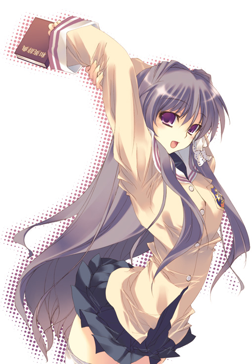 onodera, fujibayashi kyou, clannad, 00s, 1girl, book, cowboy shot, female focus, long hair, purple eyes, school uniform, serafuku, solo, stretching, thighhighs