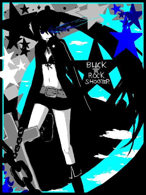 yonu, yonu (roconeco), black rock shooter (character), hatsune miku, black rock shooter, vocaloid, bad id, bad pixiv id, 10s, black hair, midriff, navel, solo