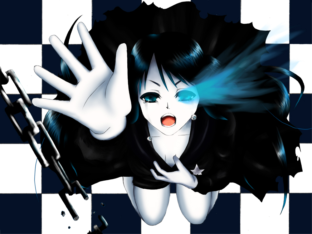 black rock shooter (character), hatsune miku, black rock shooter, vocaloid, bad id, bad pixiv id, 10s, 1girl, bad anatomy, black hair, blue eyes, chain, female focus, poorly drawn, solo, tears