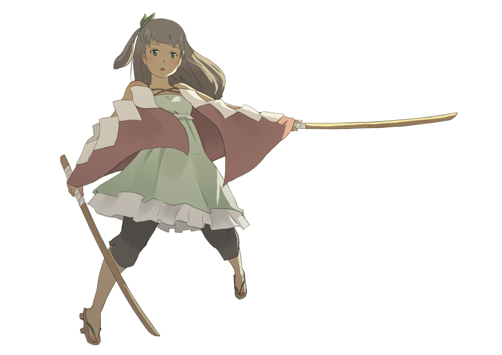 jitsu hidari, original, bare shoulders, bokken, dress, hair ornament, solo, sword, weapon, wooden sword