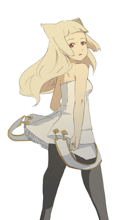 jitsu hidari, original, bad id, bad pixiv id, 1girl, animal ears, bare shoulders, blonde hair, dress, female focus, long hair, looking back, pantyhose, red eyes, simple background, solo, wind