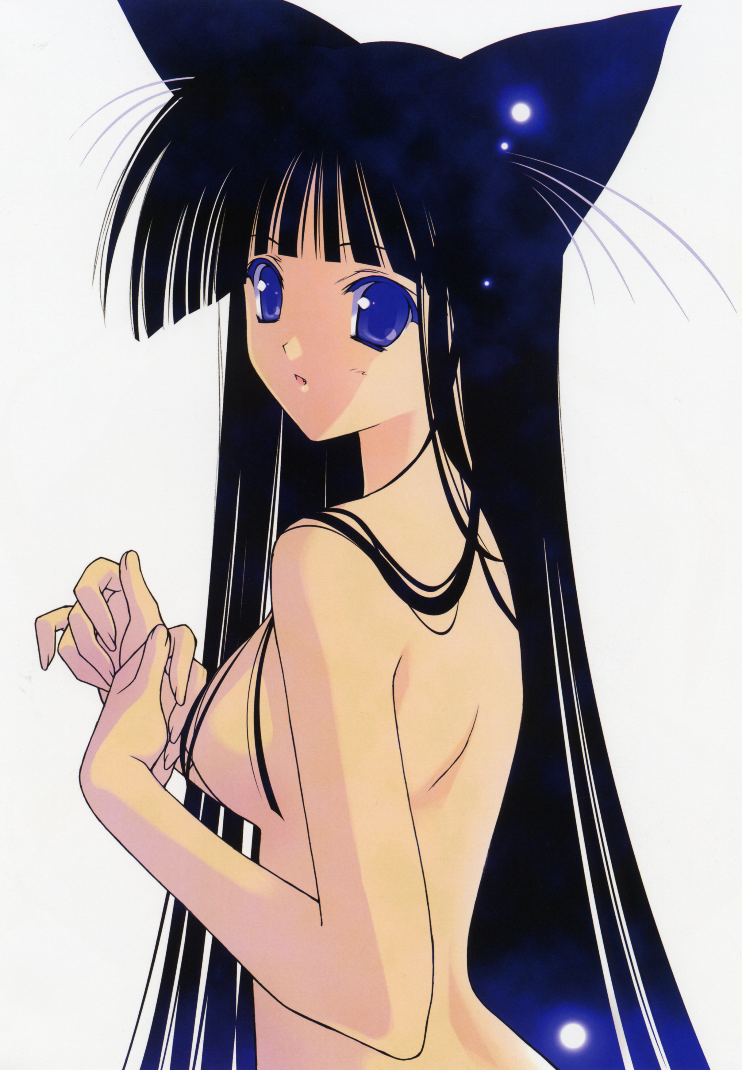 suzuhira hiro, absurdres, highres, animal ears, black hair, blue eyes, cat ears, long hair, nude, solo, white background