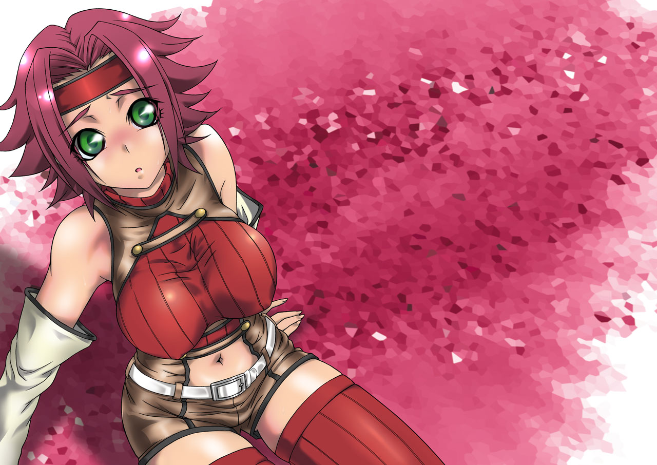 eenen, kouzuki kallen, code geass, 00s, bare shoulders, blush, breasts, detached sleeves, green eyes, headband, large breasts, navel, red hair, short hair, sitting, sleeveless, sleeveless turtleneck, solo, thighhighs, turtleneck