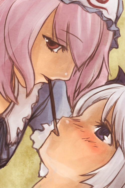 negija, konpaku youmu, saigyouji yuyuko, touhou, bad id, bad pixiv id, 2girls, blue eyes, blush, eye contact, female focus, food, girl on top, hair ribbon, hat, looking at another, looking at viewer, lying, multiple girls, naughty face, open mouth, pink hair, pocky, pocky kiss, red eyes, ribbon, shared food, short hair, white hair, yuri