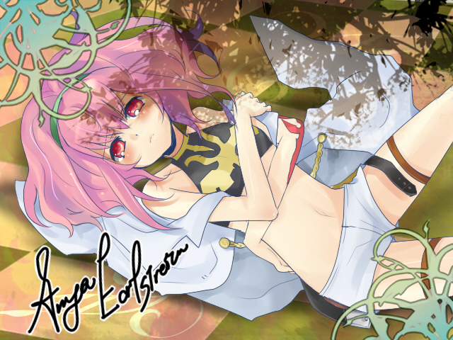 kippu, anya alstreim, code geass, bad id, bad pixiv id, 00s, blush, cape, hairband, lying, navel, pink hair, red eyes, shorts, solo, tank top