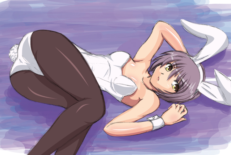 junkin, jyunkin, nagato yuki, suzumiya haruhi no yuuutsu, silver hair, 00s, 1girl, animal ears, ass, fake animal ears, female focus, leotard, lying, pantyhose, playboy bunny, rabbit ears, short hair, solo, tail, yellow eyes