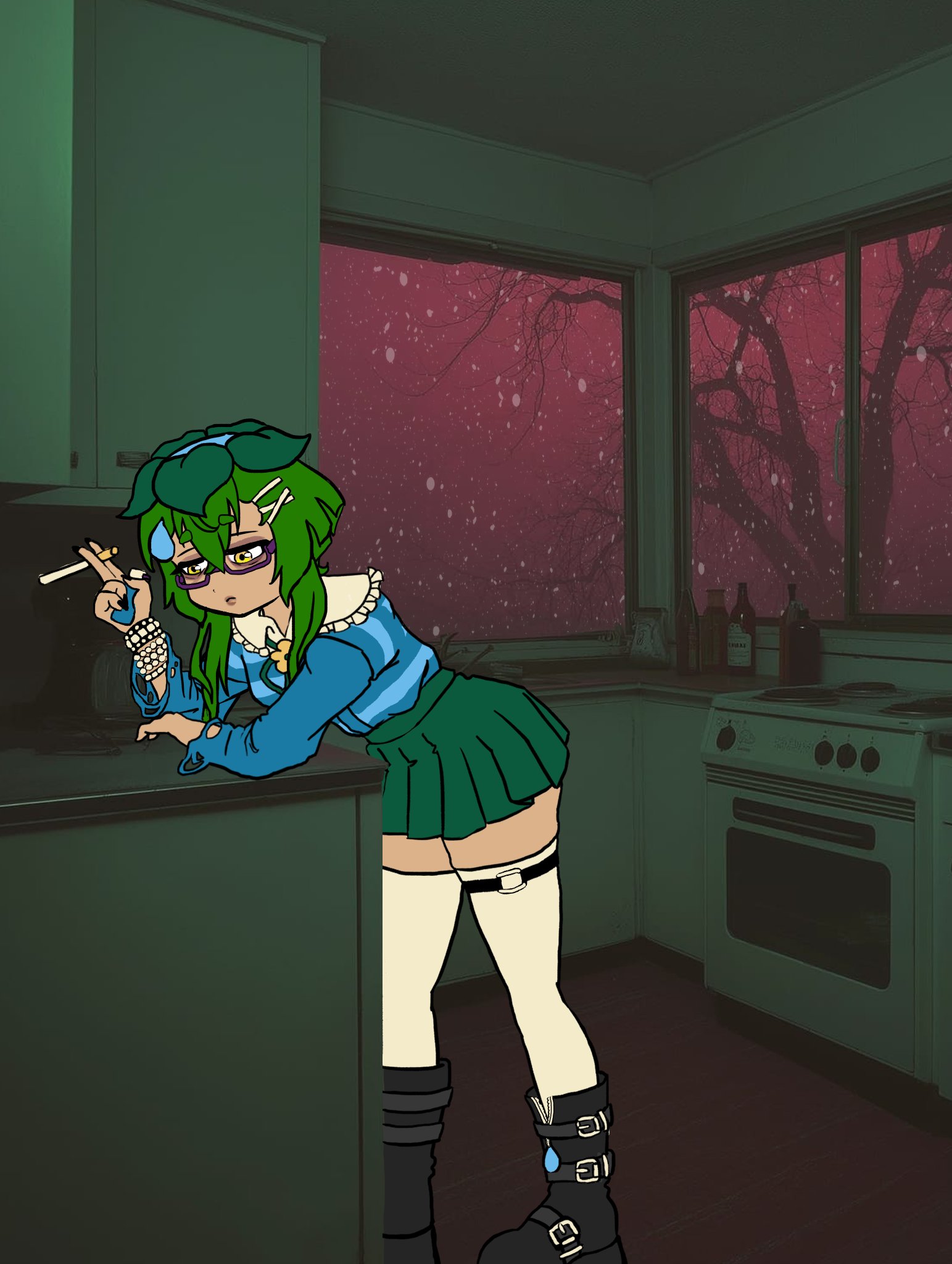 nonoxnobody, nono nozomi, indie virtual youtuber, highres, 2024, black boots, boots, cigarette, green hair, holding, holding cigarette, kitchen, standing