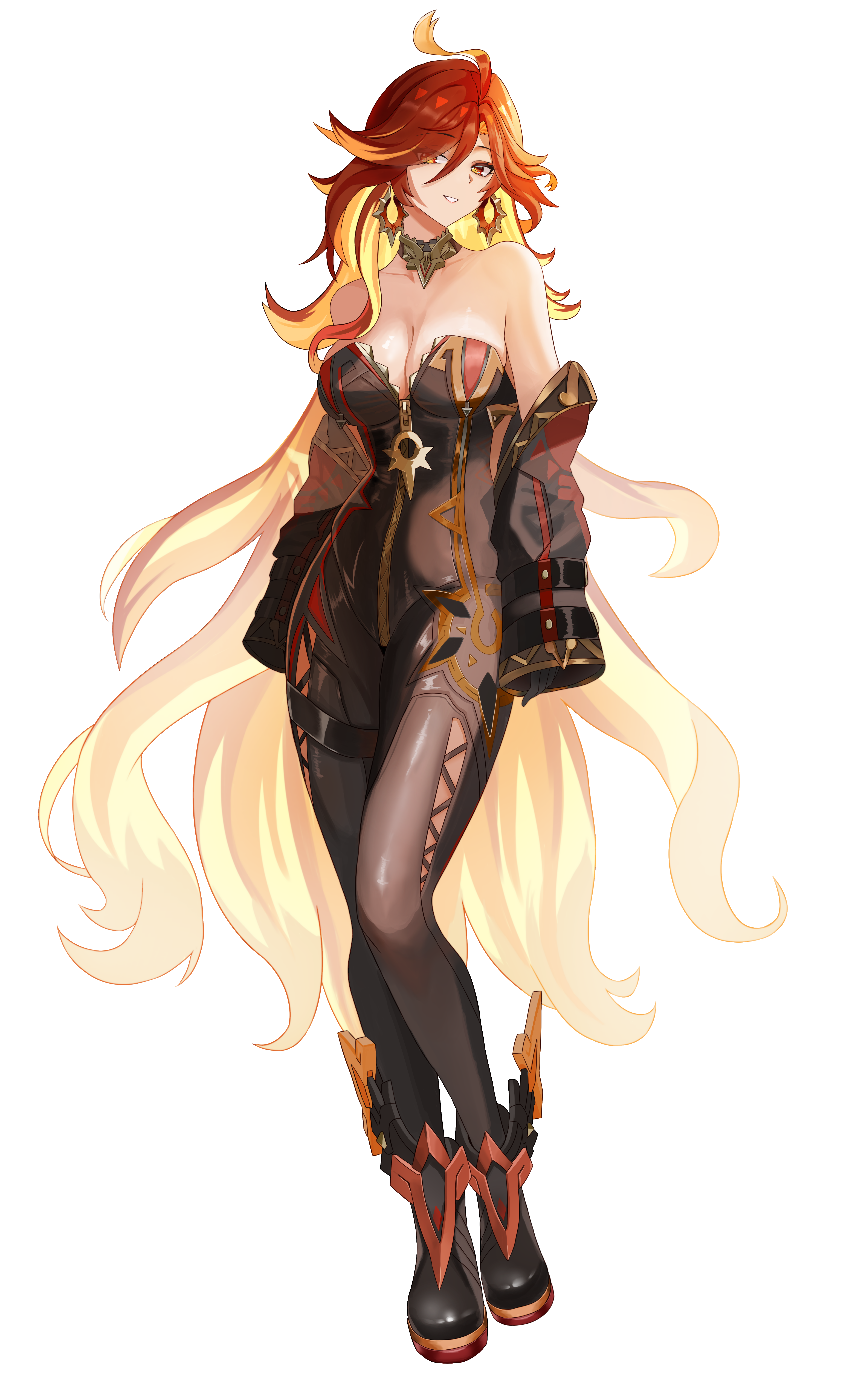 sevenninet47503, mavuika (genshin impact), genshin impact, absurdres, commentary, highres, 1girl, bare shoulders, biker clothes, bikesuit, black bodysuit, black boots, black gloves, blonde hair, bodysuit, boots, breasts, cleavage, collarbone, dated commentary, earrings, full body, gloves, grin, jewelry, large breasts, long hair, looking at viewer, multicolored hair, necklace, orange eyes, orange hair, orange pupils, partially undressed, partially unzipped, simple background, sleeves past wrists, smile, solo, standing, strapless bodysuit, streaked hair, sun earrings, symbol in eye, very long hair, white background, zipper