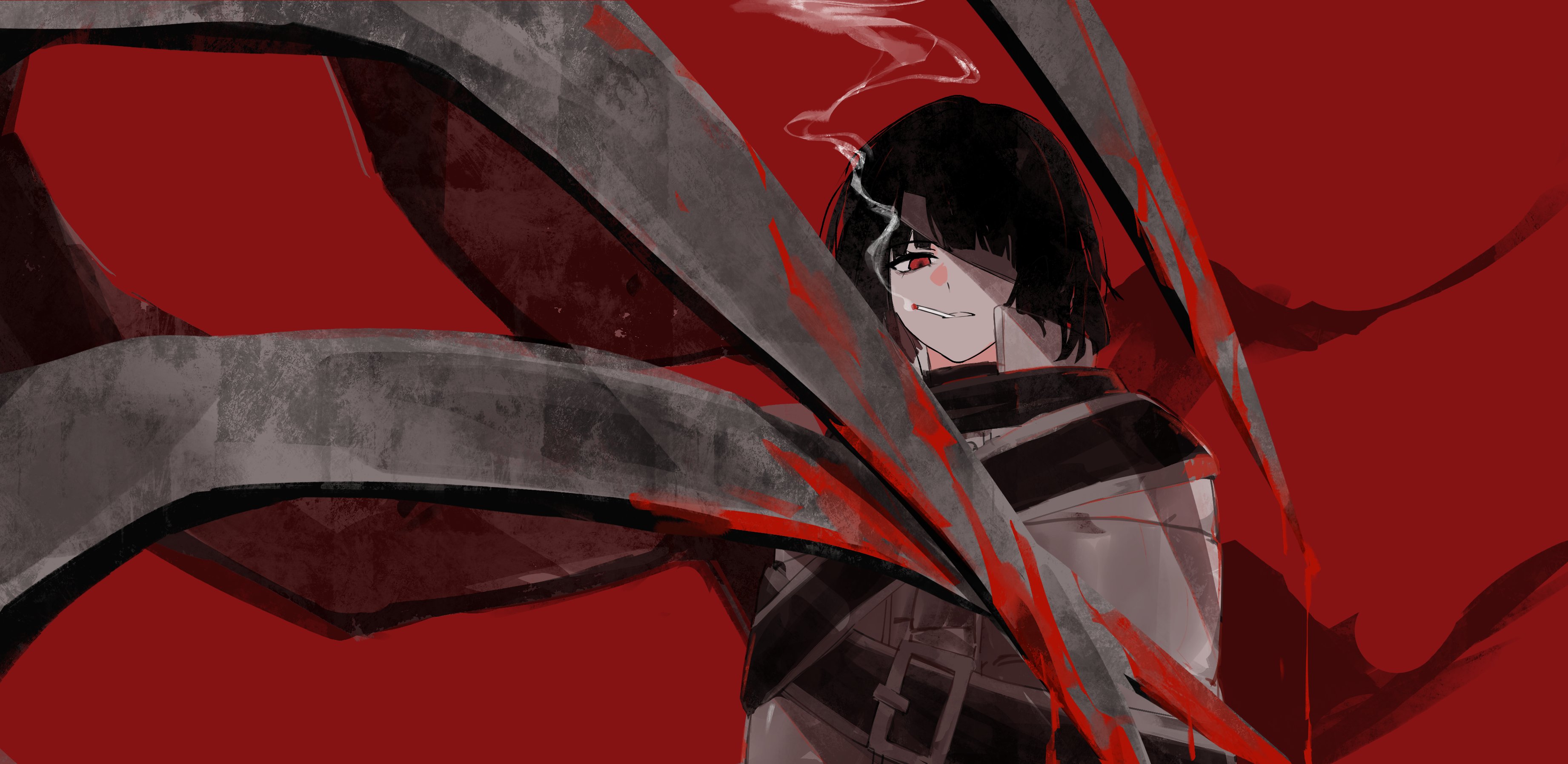 munh422, ryoshu (project moon), limbus company, project moon, absurdres, highres, 1girl, bandage over one eye, black hair, blood, bob cut, cigarette, coat, e.g.o (project moon), looking at viewer, red background, red eyes, short hair, simple background, smoking, solo, straitjacket, thoracalgia (e.g.o), upper body, white coat