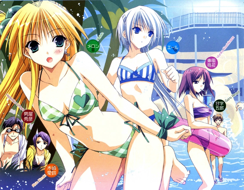 suzuhira hiro, amaji gorou, kizaki airin, kochikaze yurika, melon (akikan), otoya hidehiko, yell, akikan!, corrupted metadata, 00s, 2boys, 5girls, :o, ahoge, ass, bandeau, barefoot, bent over, bikini, binoculars, blonde hair, blue bikini, blue eyes, blue hair, blush, bracelet, breasts, brown eyes, brown hair, character name, checkered bikini, checkered clothes, cleavage, cup, drinking straw, earrings, flat chest, front-tie top, green bikini, green eyes, hair bobbles, hair ornament, hairclip, heart, indoors, innertube, jacket, jacket over swimsuit, jewelry, long hair, multiple boys, multiple girls, peeking, plaid bikini, plaid clothes, pool, purple bikini, purple eyes, purple hair, railing, sandals, short hair, side-tie bikini bottom, small breasts, smile, sphere hair ornament, striped bikini, striped clothes, sweatdrop, swim ring, swimsuit, vertical-striped bikini, vertical-striped clothes, wading, water, water slide, waterpark