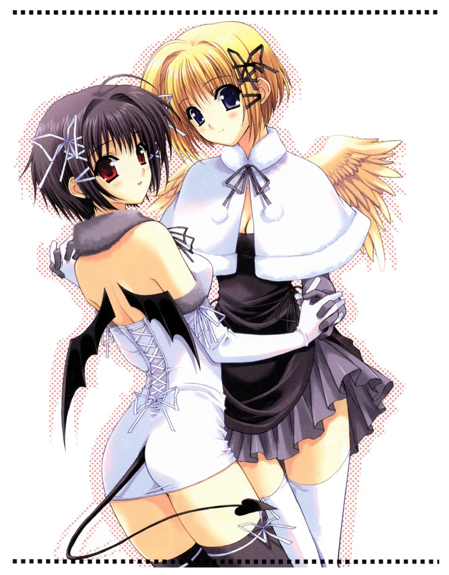 suzuhira hiro, 2girls, angel, angel and devil, black hair, blonde hair, blue eyes, demon, demon girl, multiple girls, red eyes, thighhighs, wings, zettai ryouiki