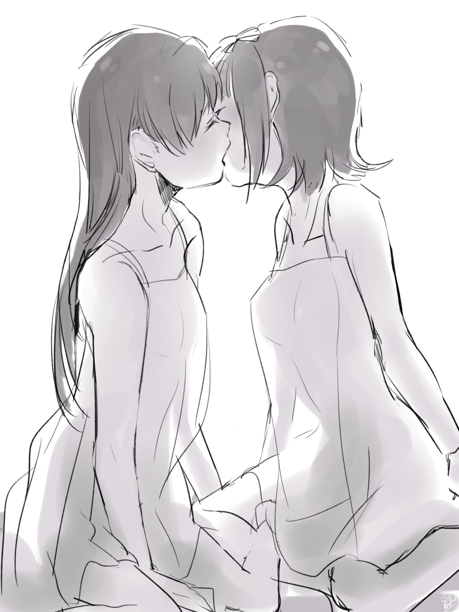 kuzuya ramurin, amami haruka, kisaragi chihaya, idolmaster, idolmaster (classic), highres, 2girls, closed eyes, dress, greyscale, kiss, long hair, monochrome, multiple girls, short hair, simple background, sitting, sleeveless, sleeveless dress, white background, yuri