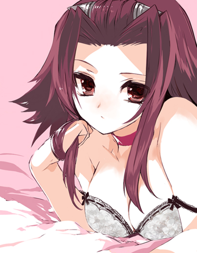 ni (2shi), izayoi aki, yu-gi-oh!, yu-gi-oh! 5d's, bad id, bad pixiv id, 00s, 1girl, bed, bra, breasts, cleavage, drill, female focus, large breasts, lingerie, red eyes, red hair, short hair, solo, underwear